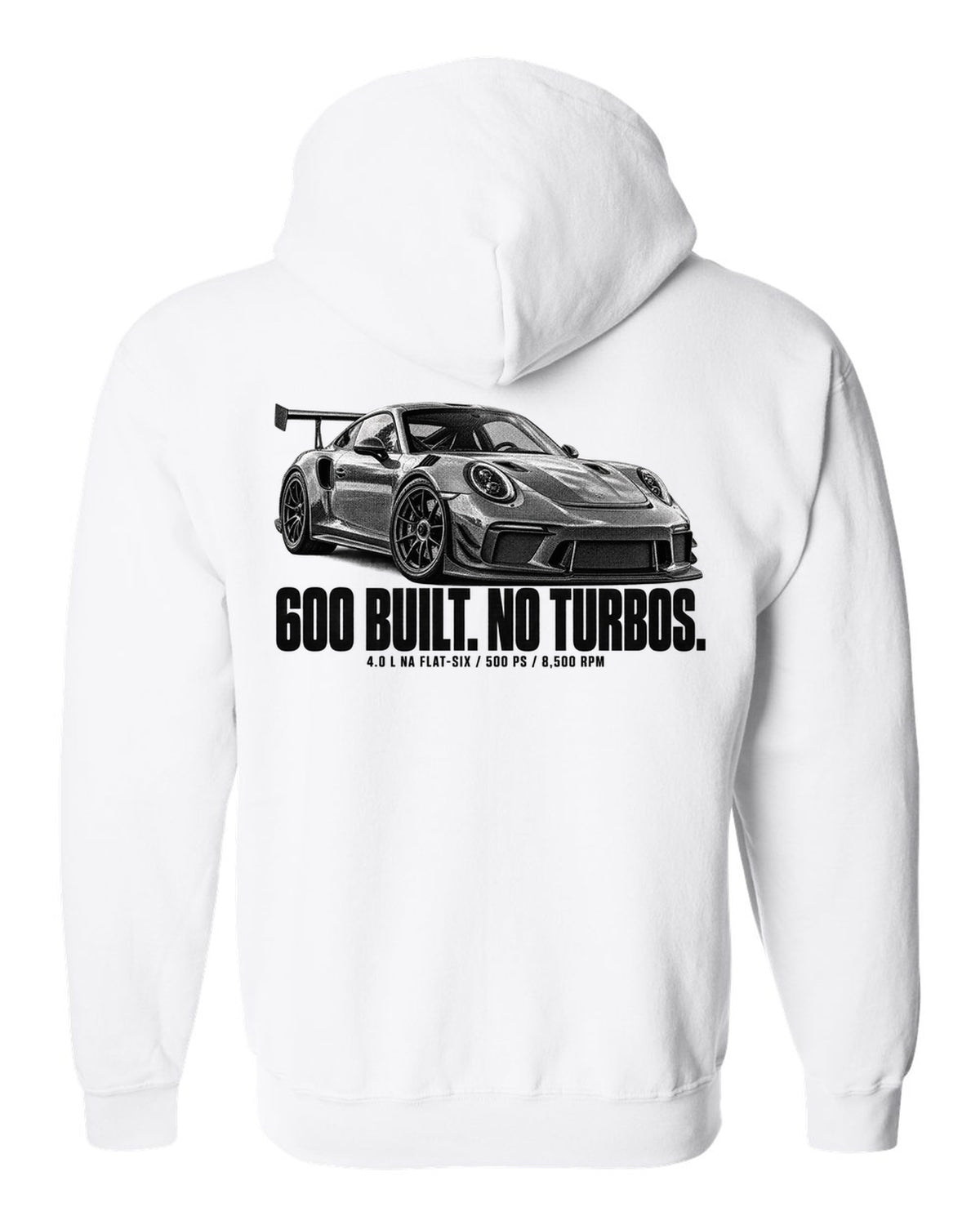 Halftone print of a Porsche 911 997 GT3 RS 4.0 with 600 built and 8,500 rpm lettering white zip hoodie back view with the design
