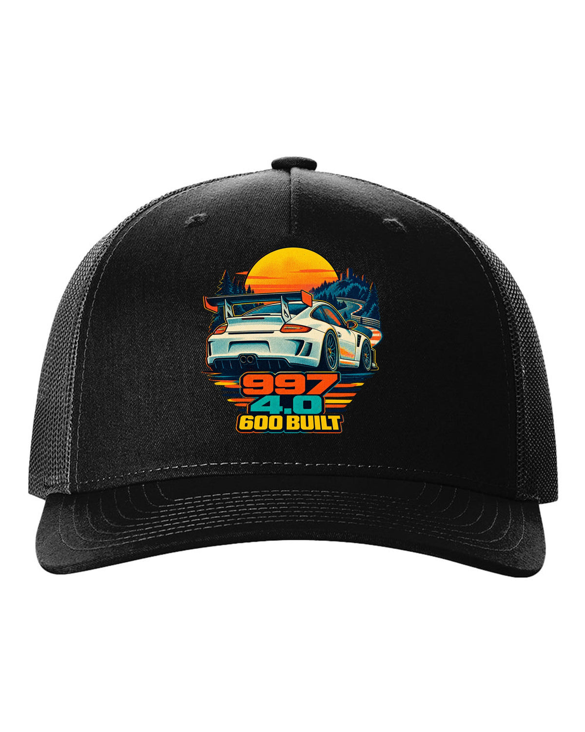 Misregistered risograph print of a Porsche 911 GT3 RS 4.0 997 at sunrise black hat front view with the design