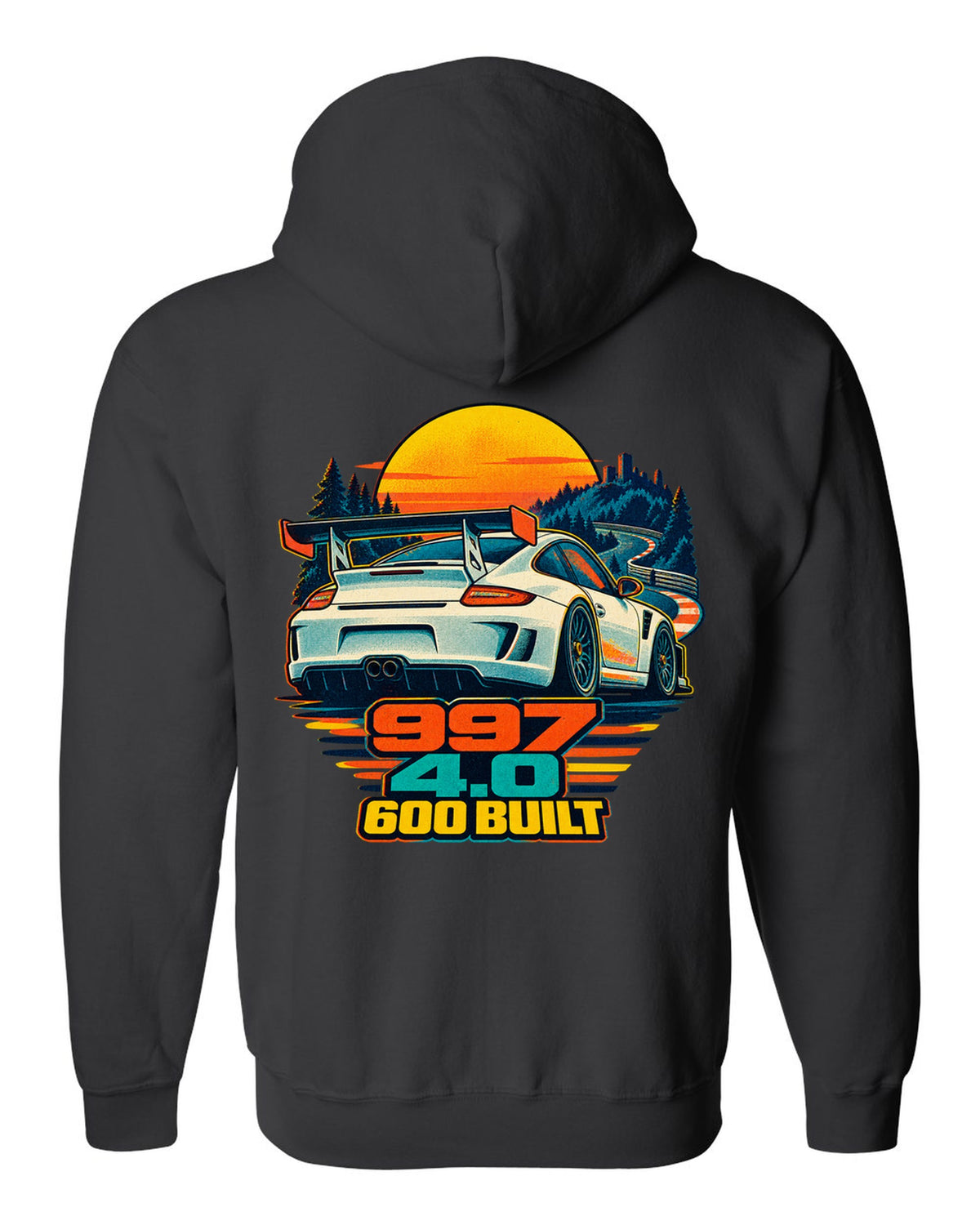 Misregistered risograph print of a Porsche 911 GT3 RS 4.0 997 at sunrise black zip hoodie back view with the design
