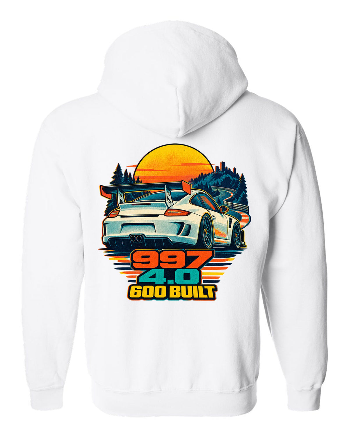 Misregistered risograph print of a Porsche 911 GT3 RS 4.0 997 at sunrise white zip hoodie back view with the design