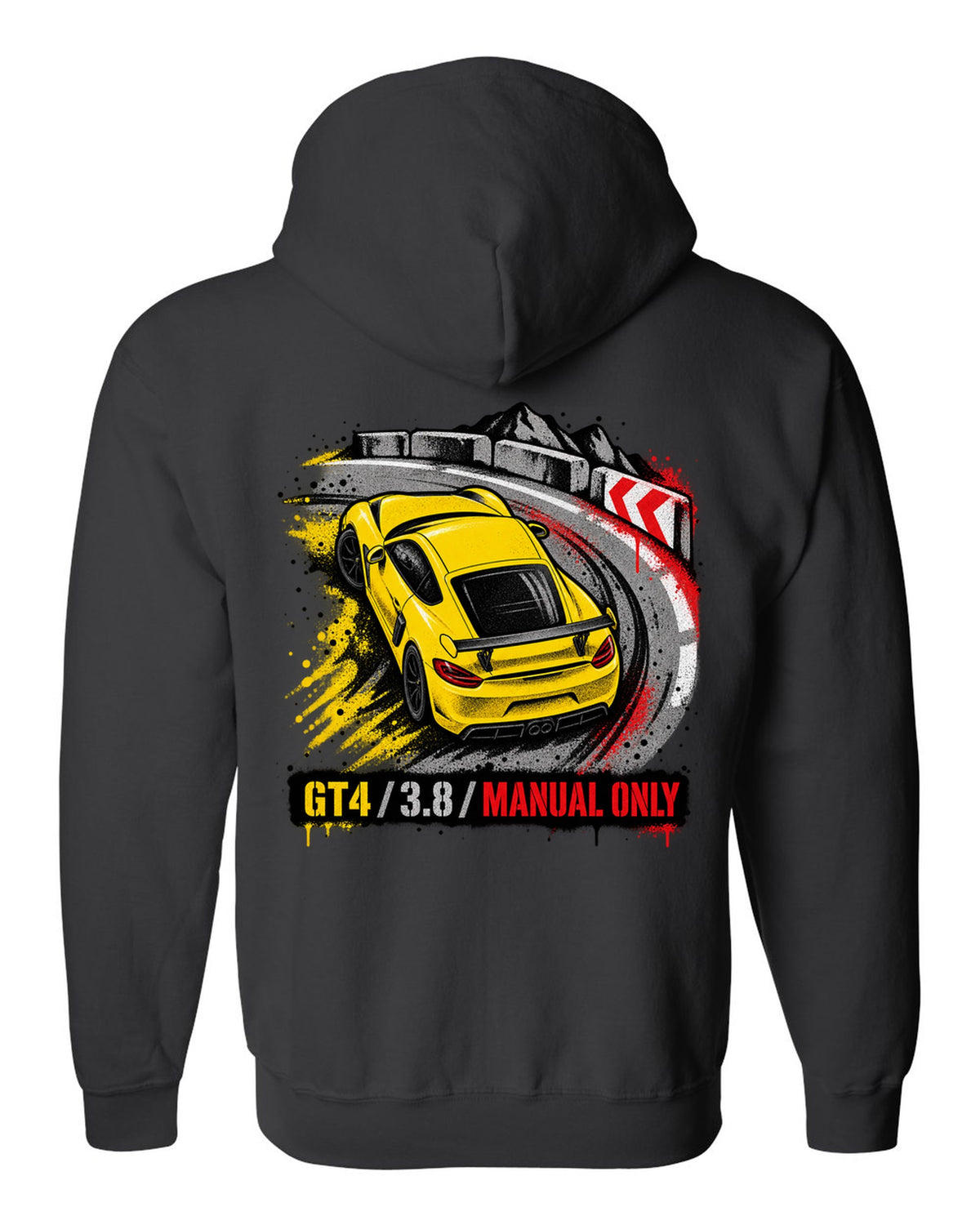 Engraved tachometer illustration for the Porsche 911 GT3 RS 991.2 black zip hoodie back view with the design