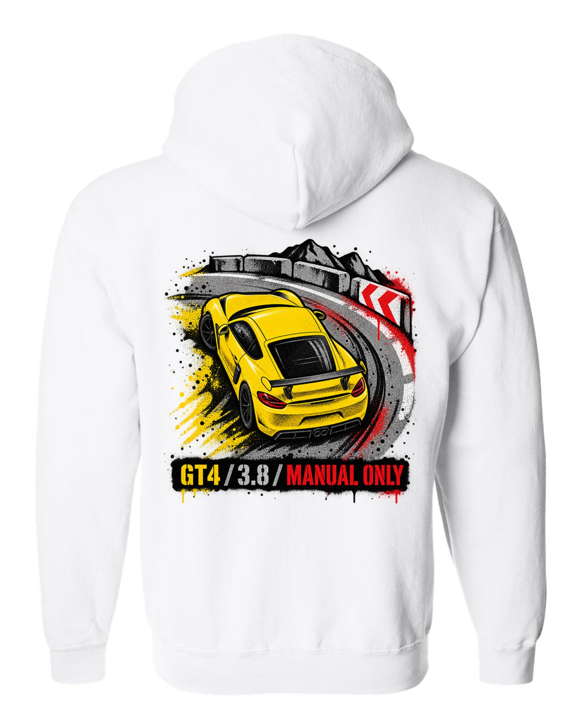 Engraved tachometer illustration for the Porsche 911 GT3 RS 991.2 white zip hoodie back view with the design