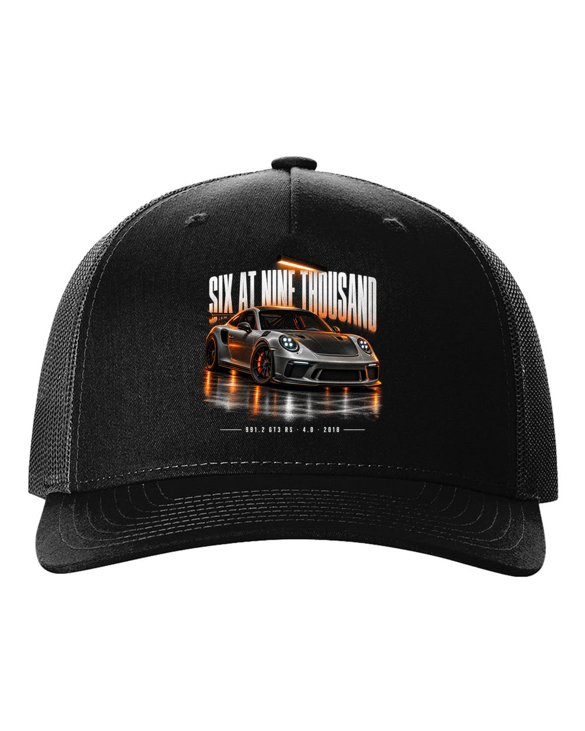 Garage night poster print of a 2018 Porsche 911 GT3 RS 991.2 black hat front view with the design