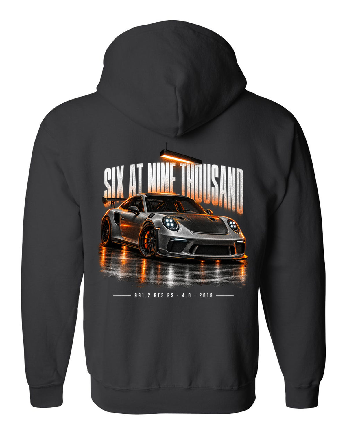 Garage night poster print of a 2018 Porsche 911 GT3 RS 991.2 black zip hoodie back view with the design