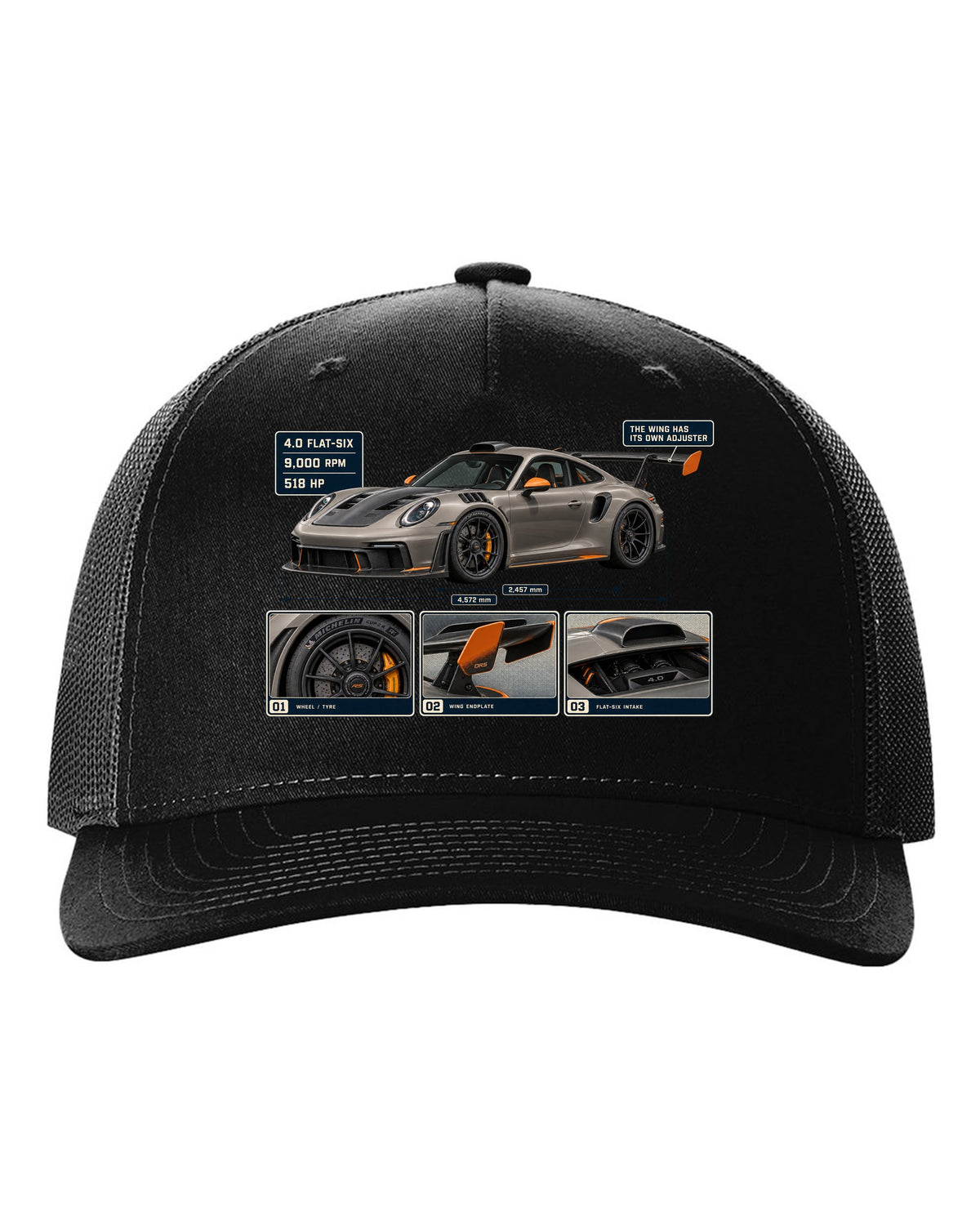 print dossier panels of a Porsche 911 GT3 RS 992 in warm grey with orange accents black hat front view with the design