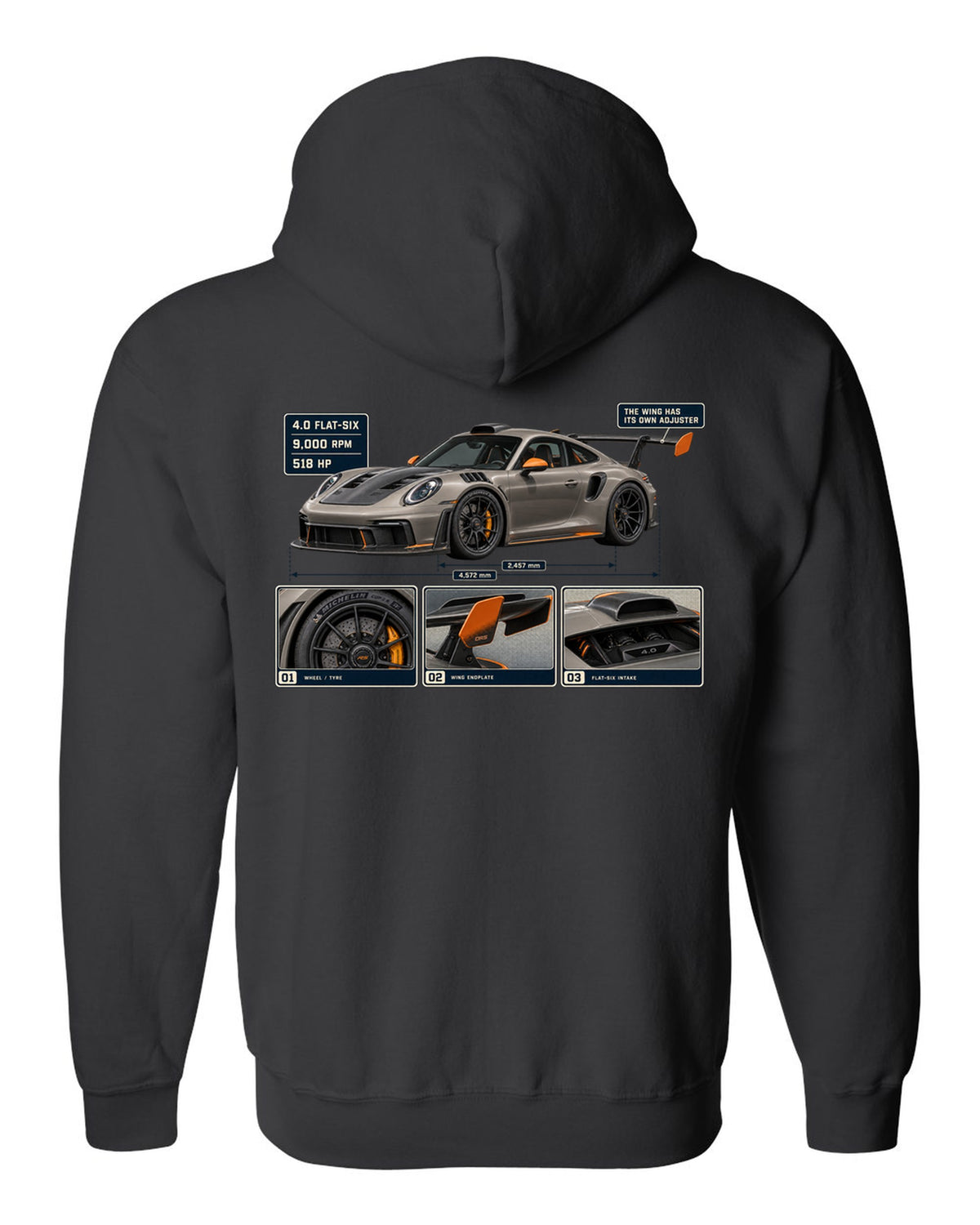 print dossier panels of a Porsche 911 GT3 RS 992 in warm grey with orange accents black zip hoodie back view with the design