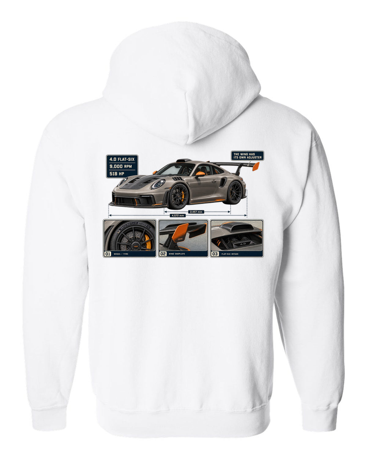 print dossier panels of a Porsche 911 GT3 RS 992 in warm grey with orange accents white zip hoodie back view with the design