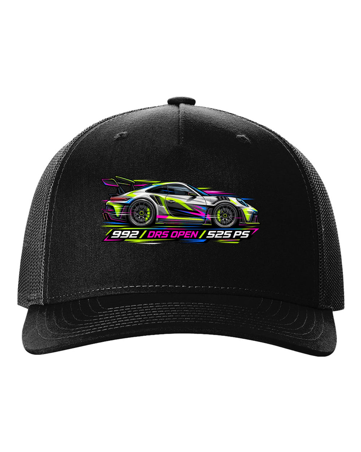 Cyberpunk neon vector artwork of a Porsche 911 GT3 RS 992 with DRS open black hat front view with the design