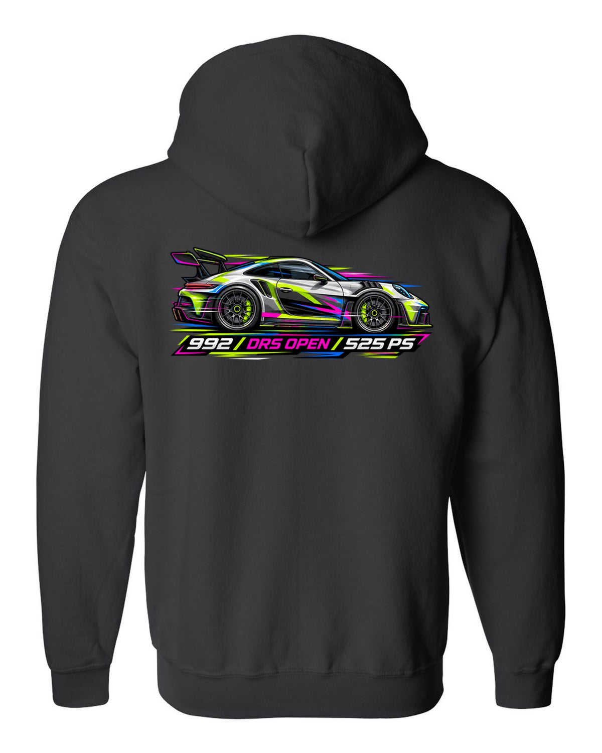 Cyberpunk neon vector artwork of a Porsche 911 GT3 RS 992 with DRS open black zip hoodie back view with the design