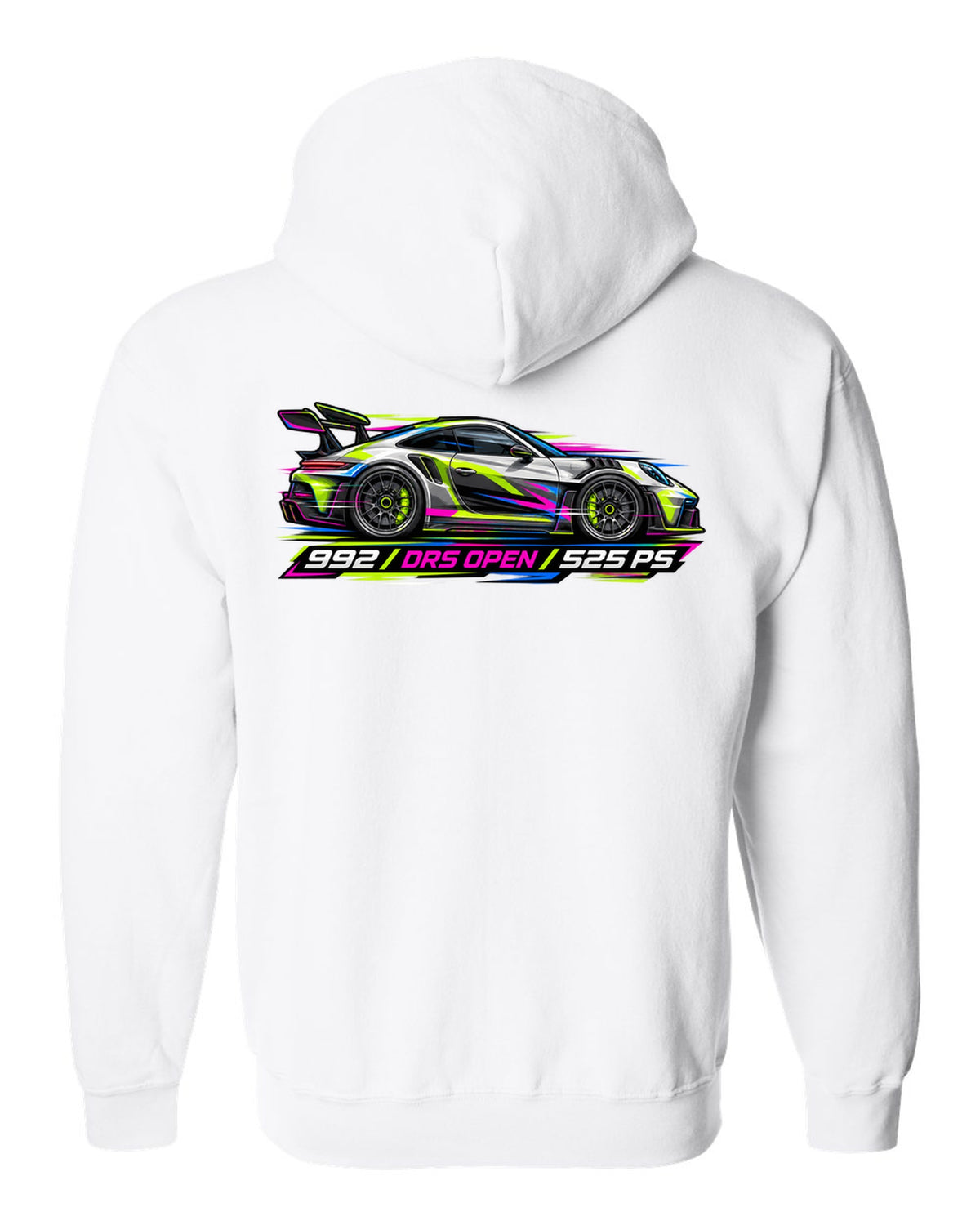 Cyberpunk neon vector artwork of a Porsche 911 GT3 RS 992 with DRS open white zip hoodie back view with the design