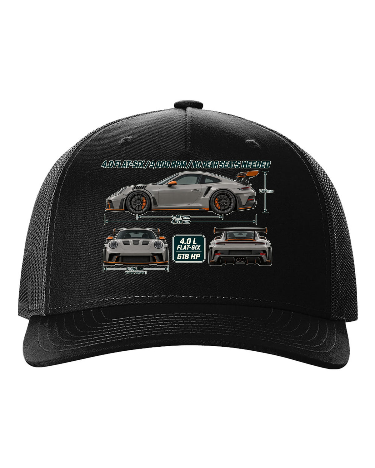 Three-view drawing and spec table of a Porsche 911 GT3 RS 992 in warm grey black hat front view with the design