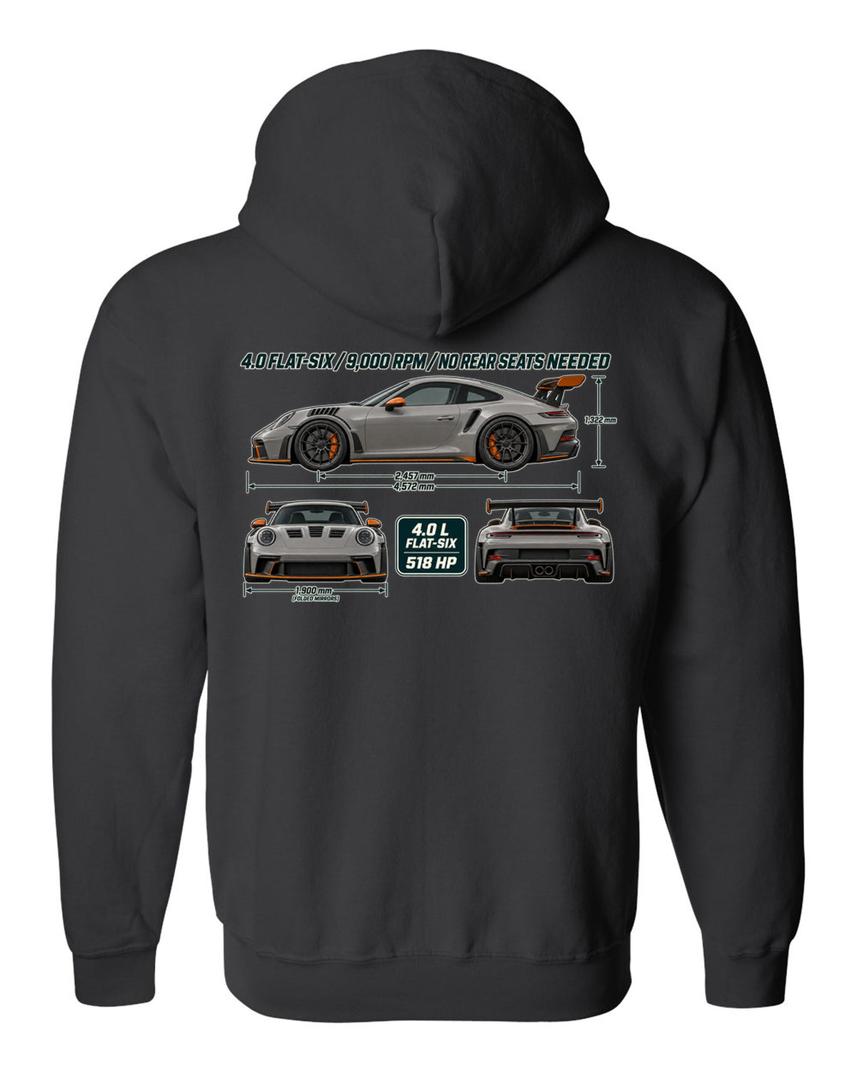 Three-view drawing and spec table of a Porsche 911 GT3 RS 992 in warm grey black zip hoodie back view with the design