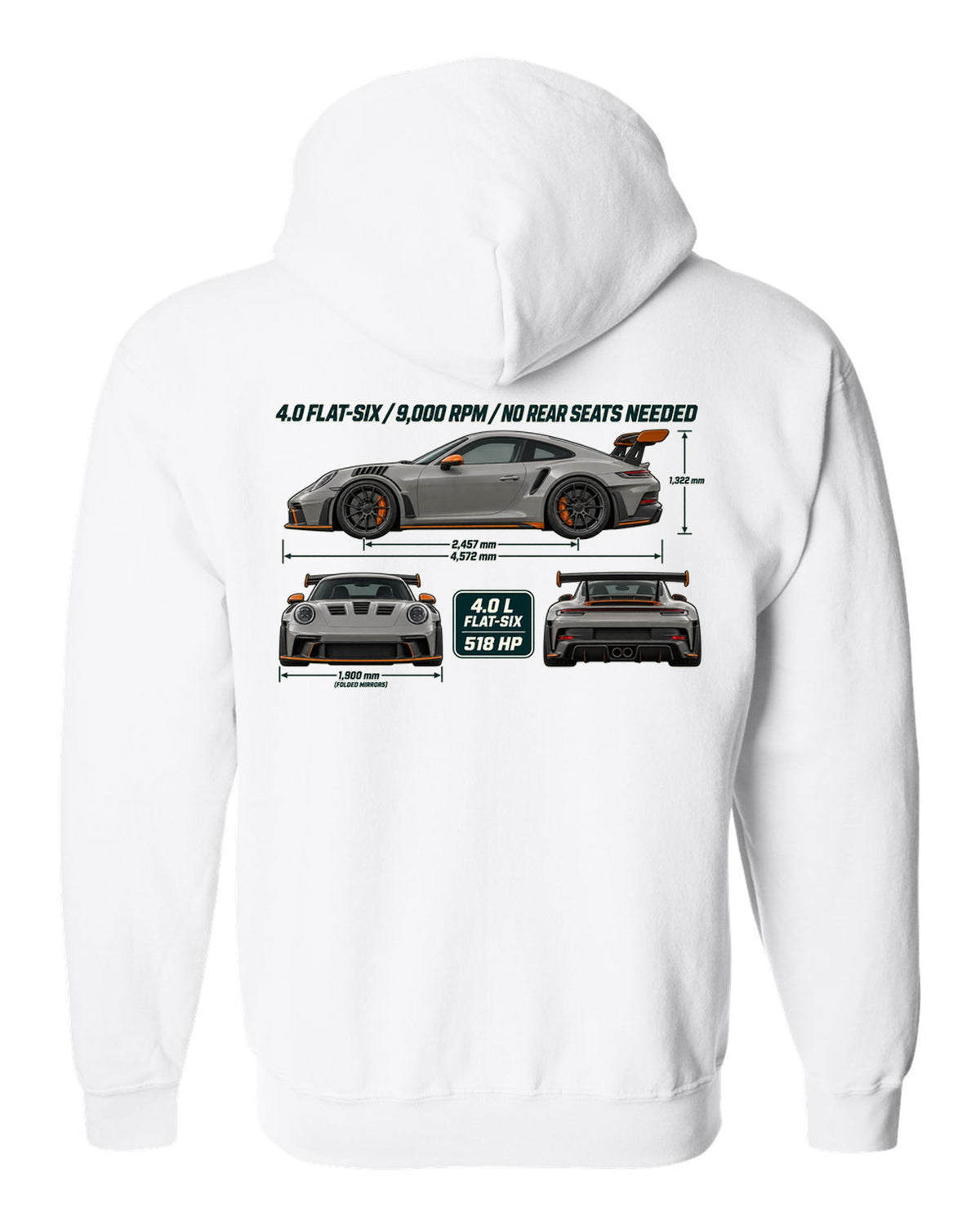 Three-view drawing and spec table of a Porsche 911 GT3 RS 992 in warm grey white zip hoodie back view with the design