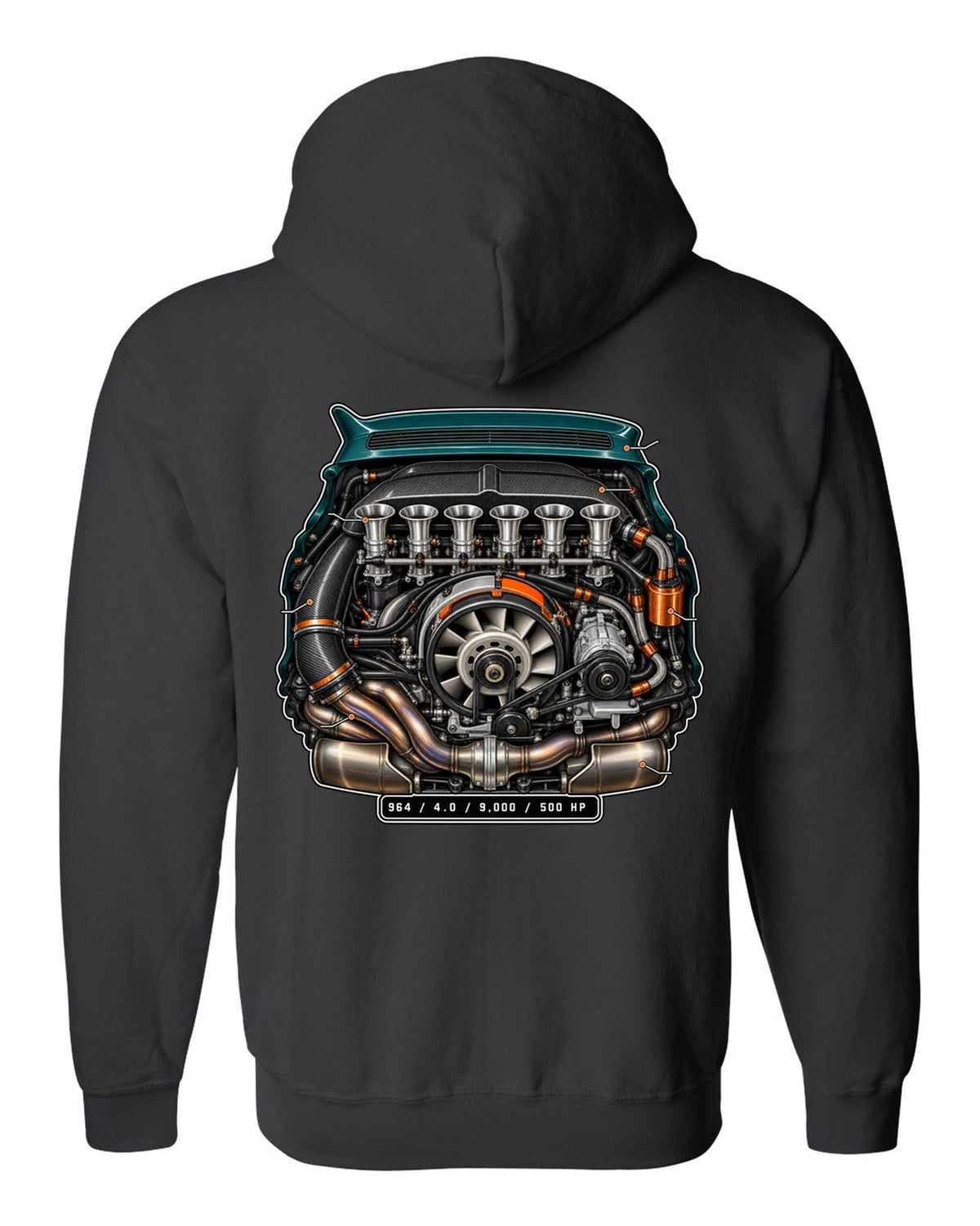 Porsche 911 SC 3.0 embroidery-style crest design reading head stud roulette black zip hoodie back view with the design