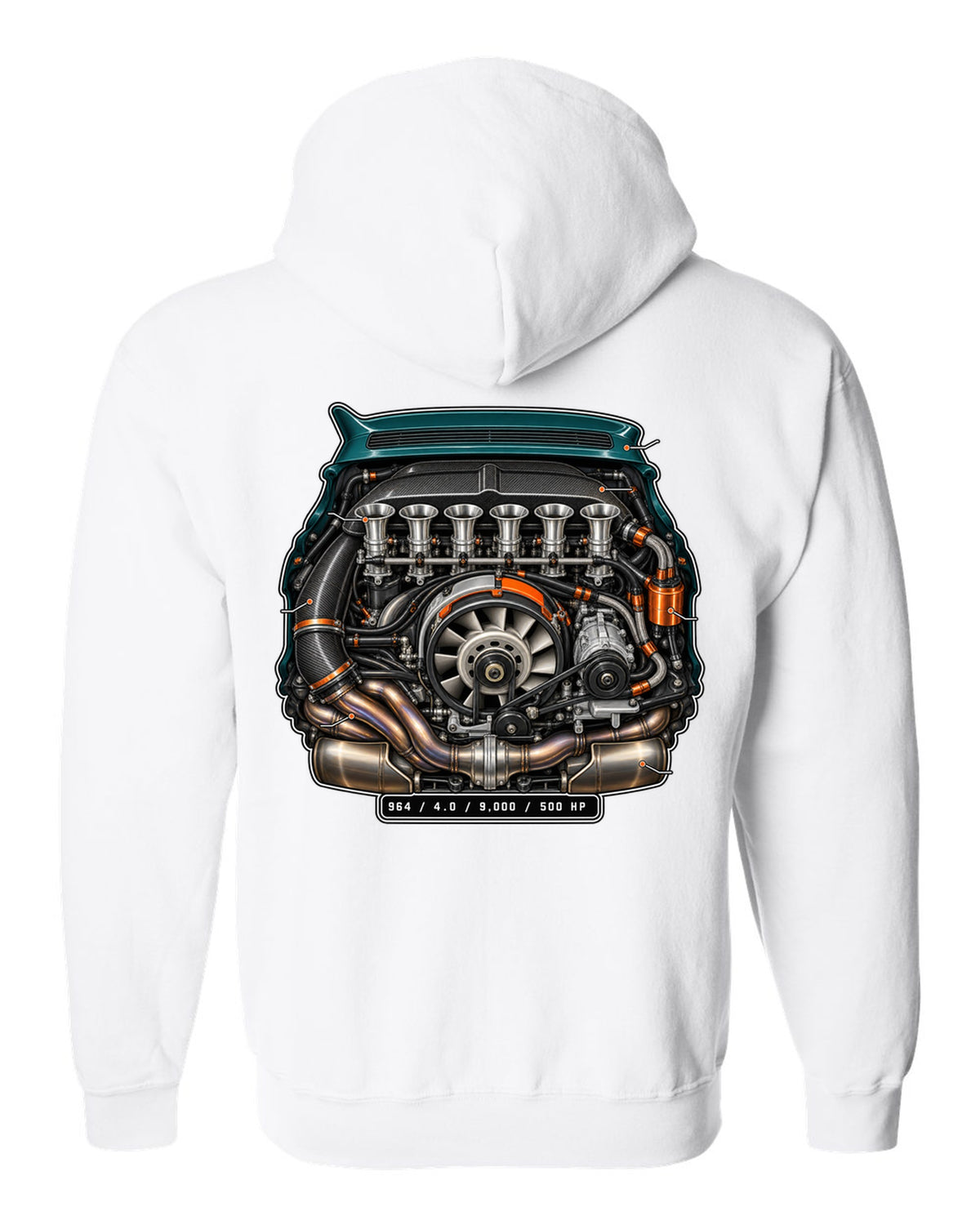 Porsche 911 SC 3.0 embroidery-style crest design reading head stud roulette white zip hoodie back view with the design