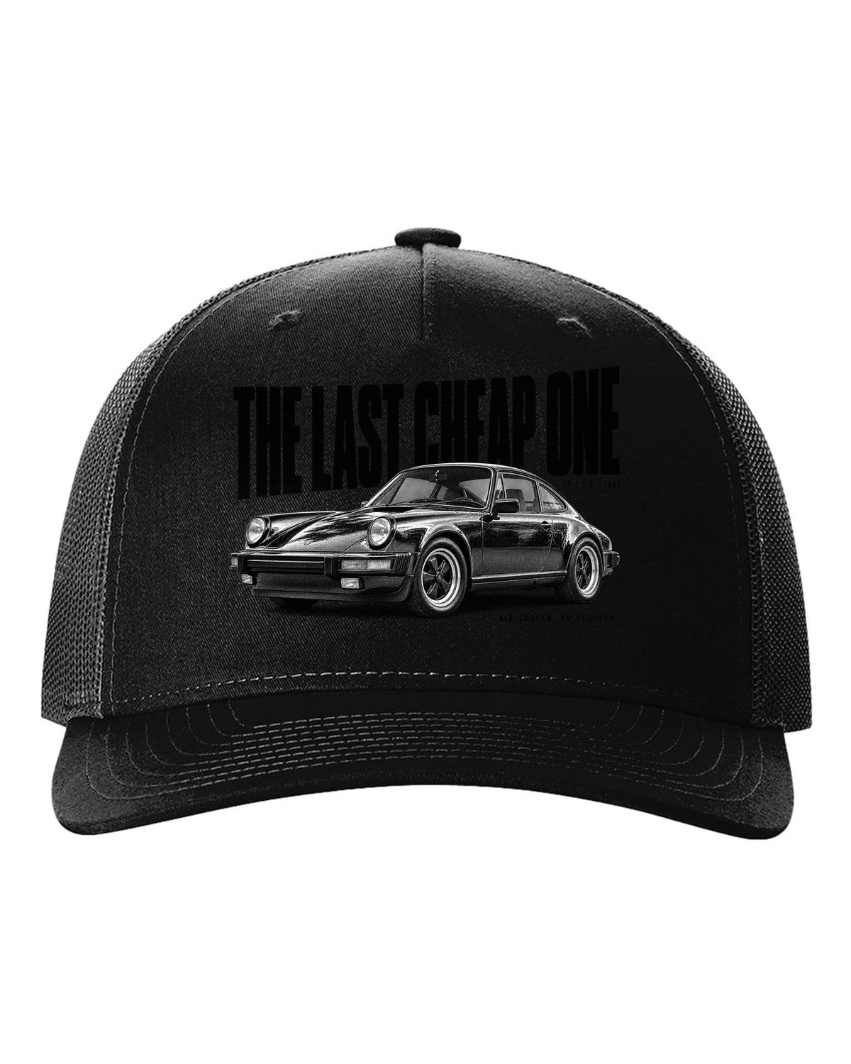 Halftone print of a Porsche 911 SC G-series with The Last Cheap One caption black hat front view with the design