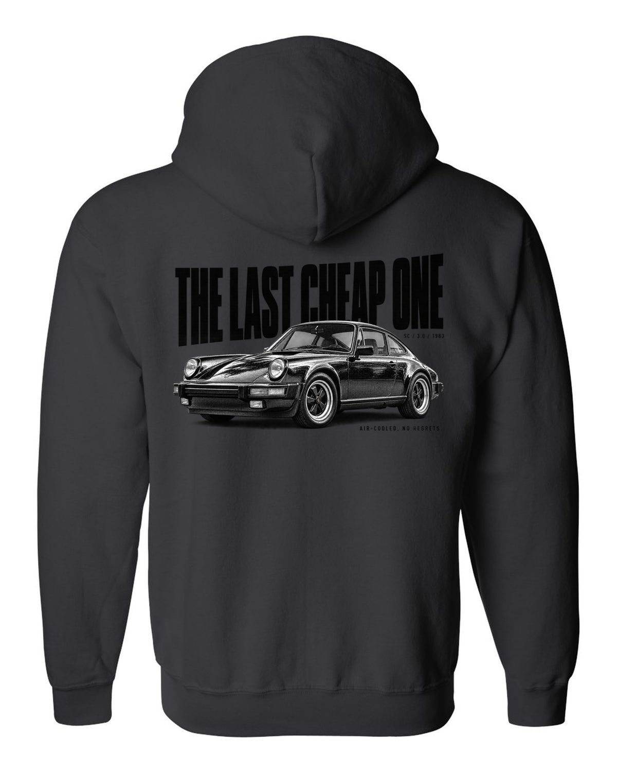 Halftone print of a Porsche 911 SC G-series with The Last Cheap One caption black zip hoodie back view with the design