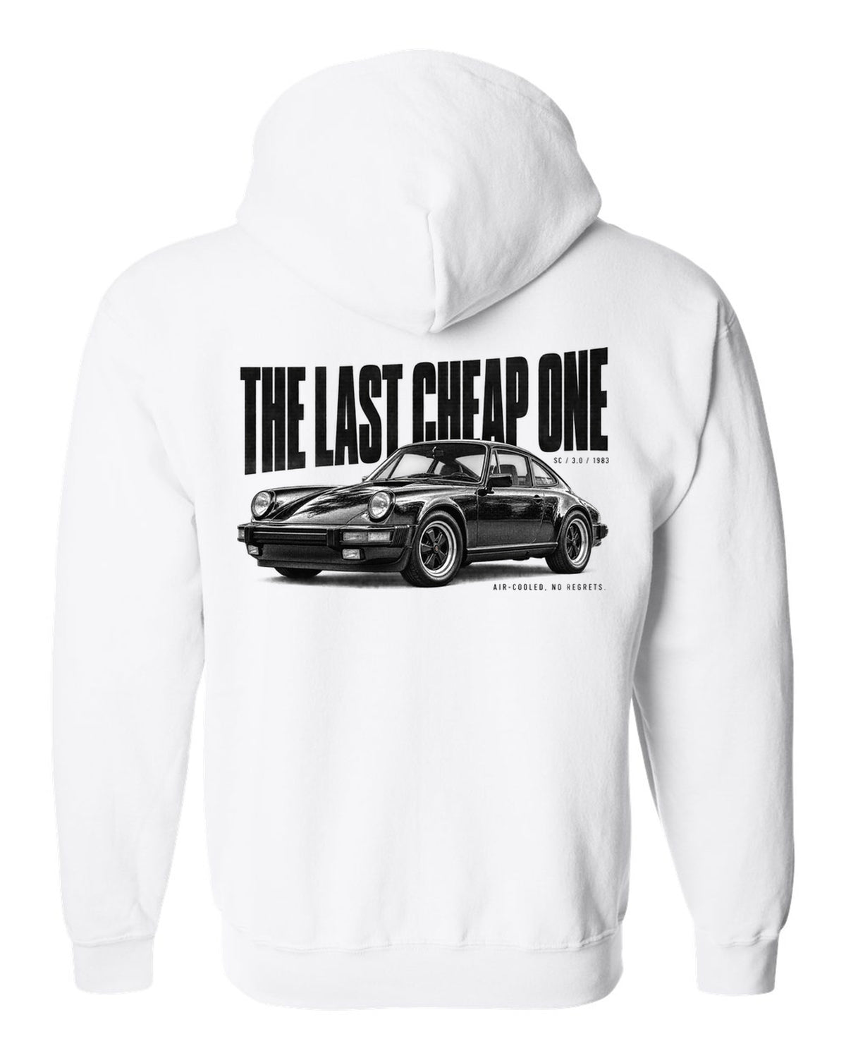 Halftone print of a Porsche 911 SC G-series with The Last Cheap One caption white zip hoodie back view with the design