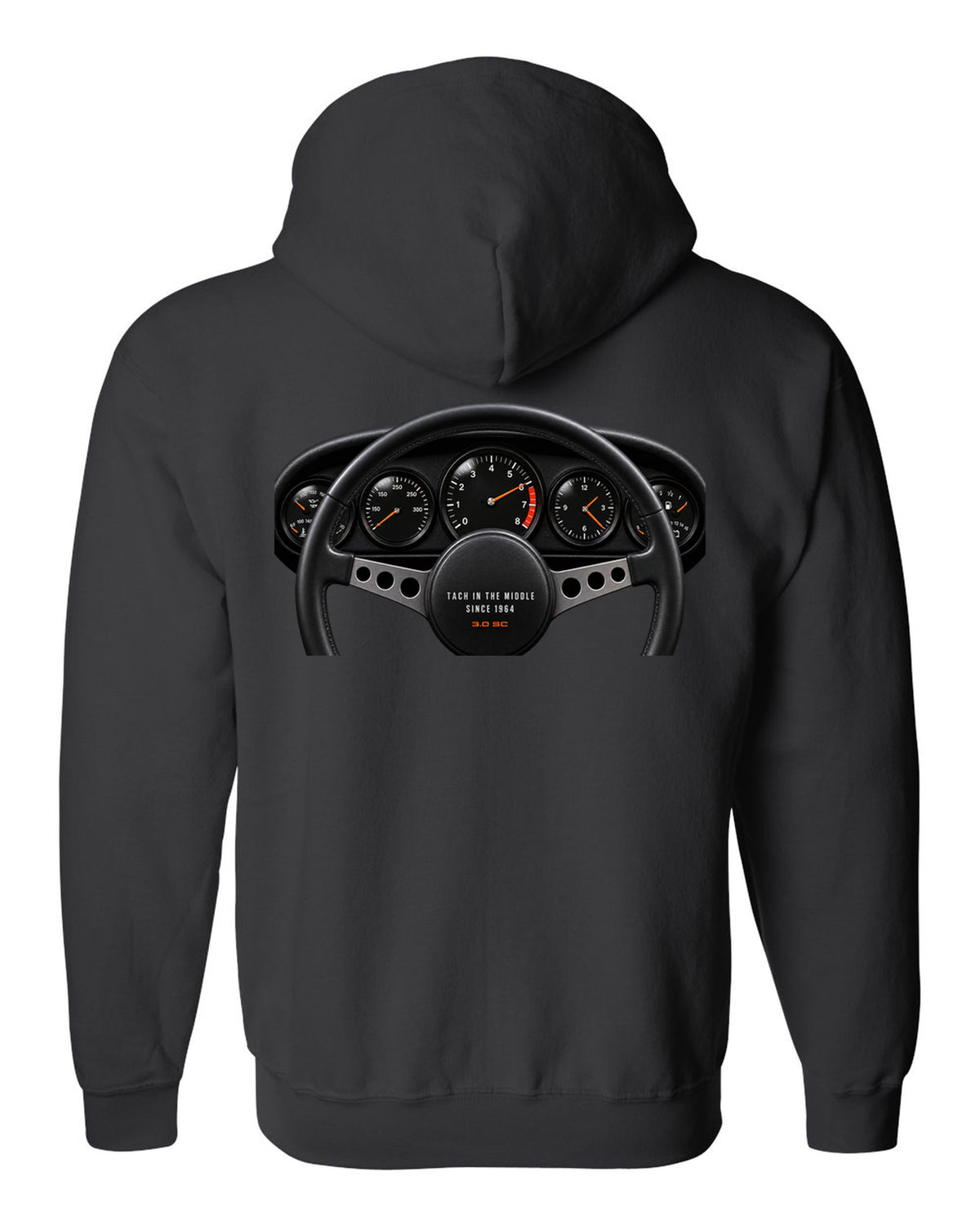 Cockpit gauge print of a Porsche 911 SC Targa with centre tachometer and the line Tach In The Middle Since 1964 black zip hoodie back view with the design