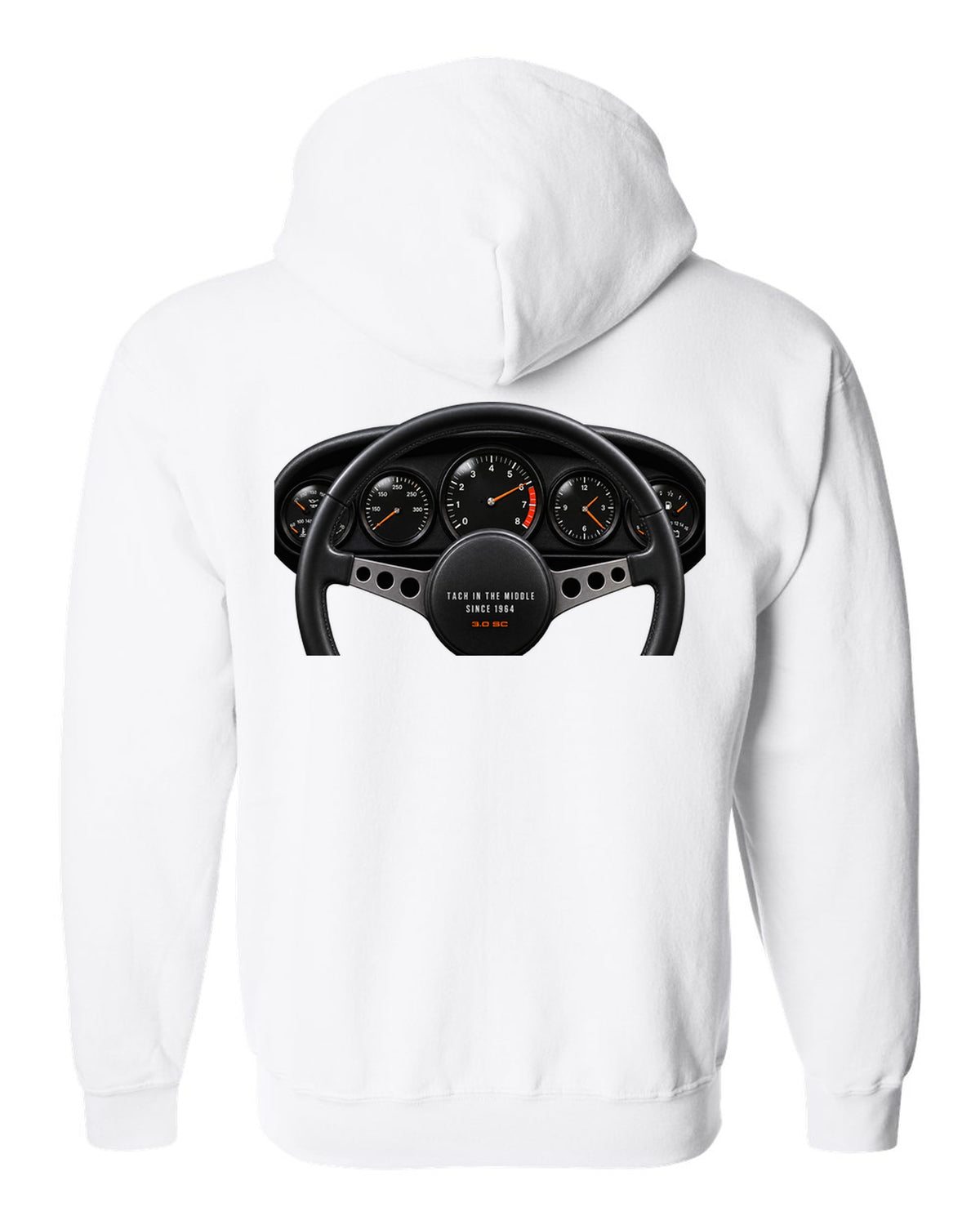 Cockpit gauge print of a Porsche 911 SC Targa with centre tachometer and the line Tach In The Middle Since 1964 white zip hoodie back view with the design