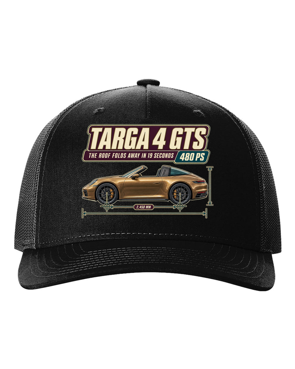 Editorial headline print of a Porsche 911 Targa 4 GTS 992 black hat front view with the design