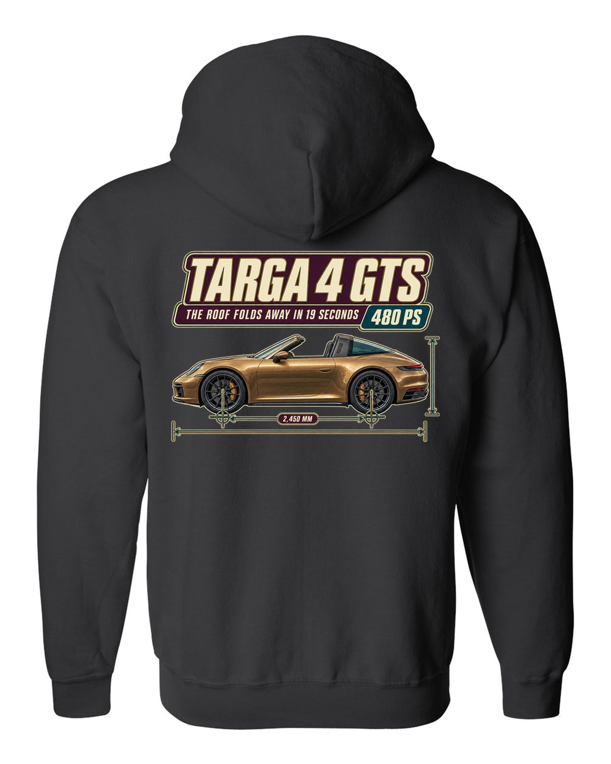 Editorial headline print of a Porsche 911 Targa 4 GTS 992 black zip hoodie back view with the design