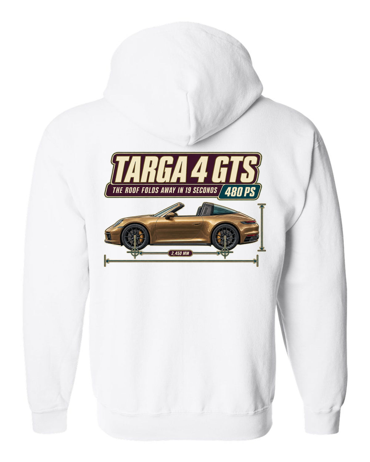Editorial headline print of a Porsche 911 Targa 4 GTS 992 white zip hoodie back view with the design