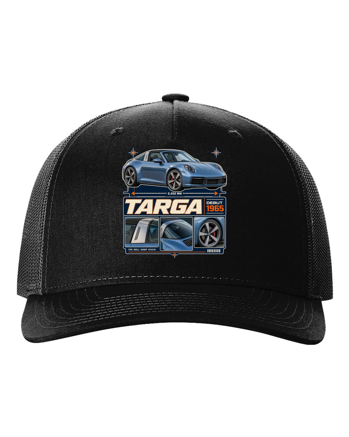 Dossier panel print of a Porsche 911 Targa 4S 992 with roll hoop black hat front view with the design