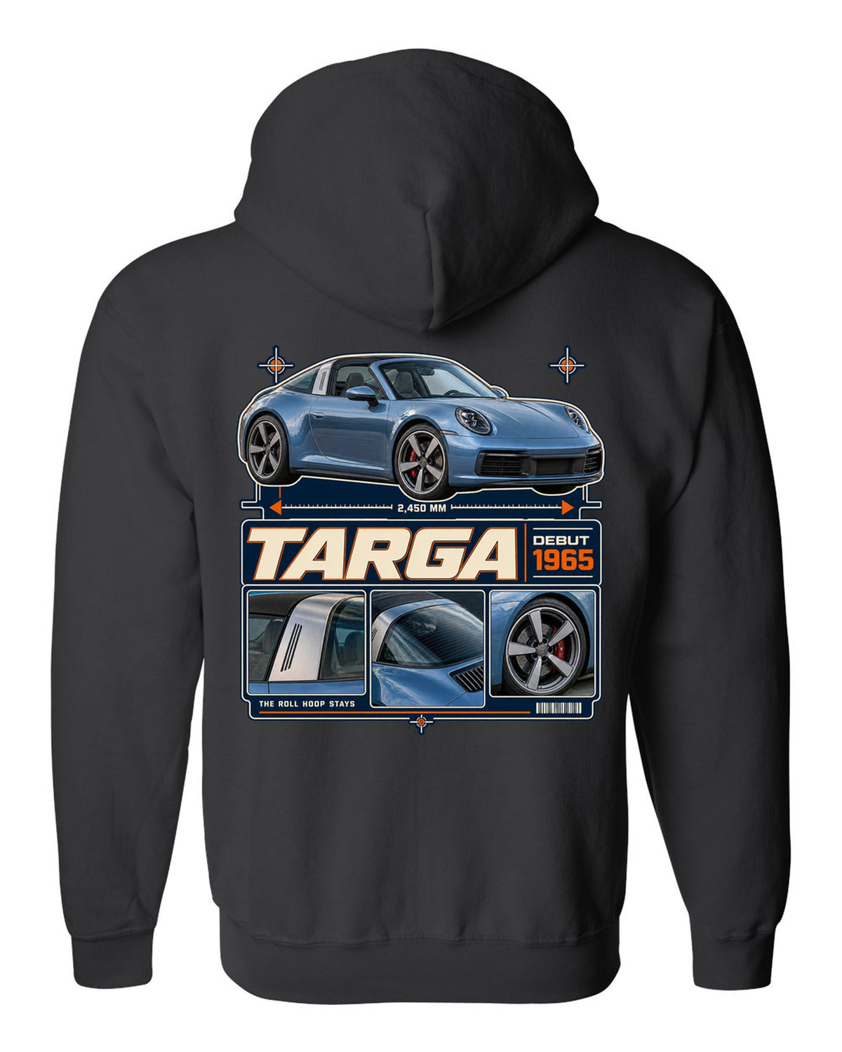 Dossier panel print of a Porsche 911 Targa 4S 992 with roll hoop black zip hoodie back view with the design