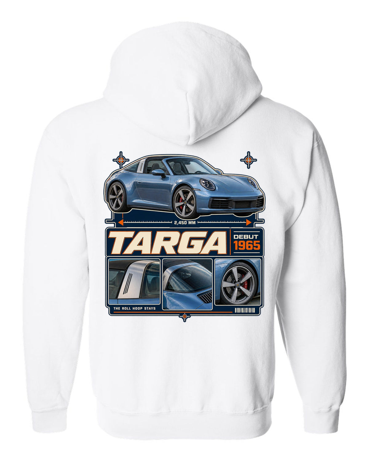 Dossier panel print of a Porsche 911 Targa 4S 992 with roll hoop white zip hoodie back view with the design