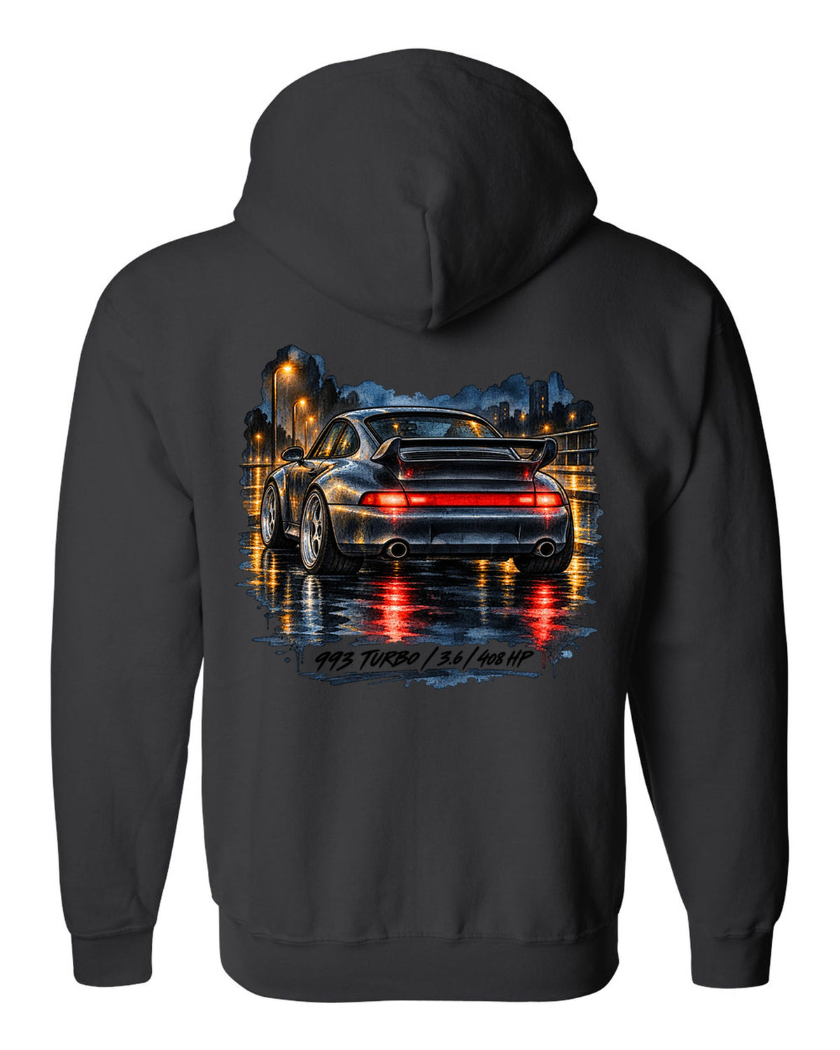 Spec sheet data plate design for the 1978 Porsche 911 Turbo 3.3 930 black zip hoodie back view with the design