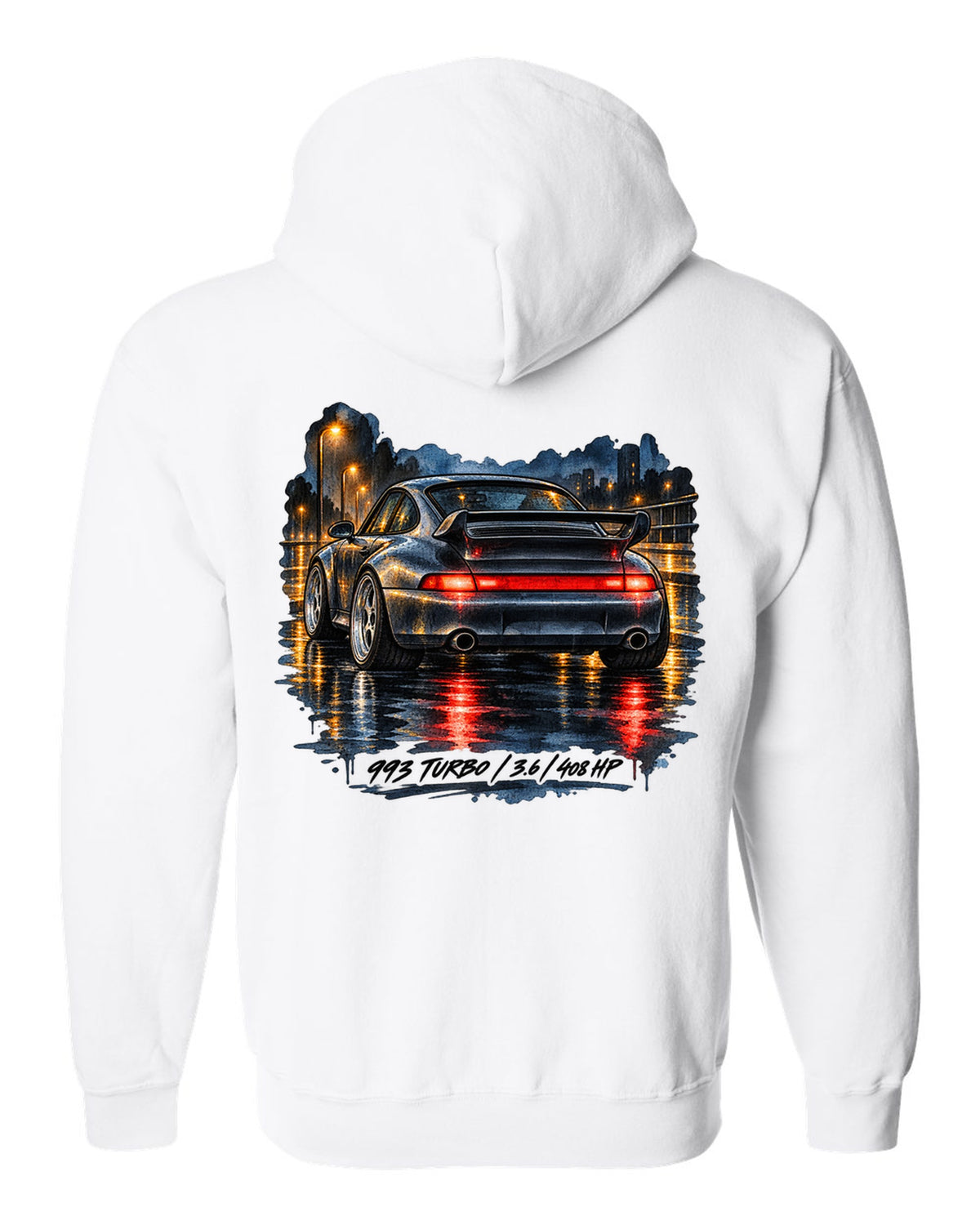 Spec sheet data plate design for the 1978 Porsche 911 Turbo 3.3 930 white zip hoodie back view with the design