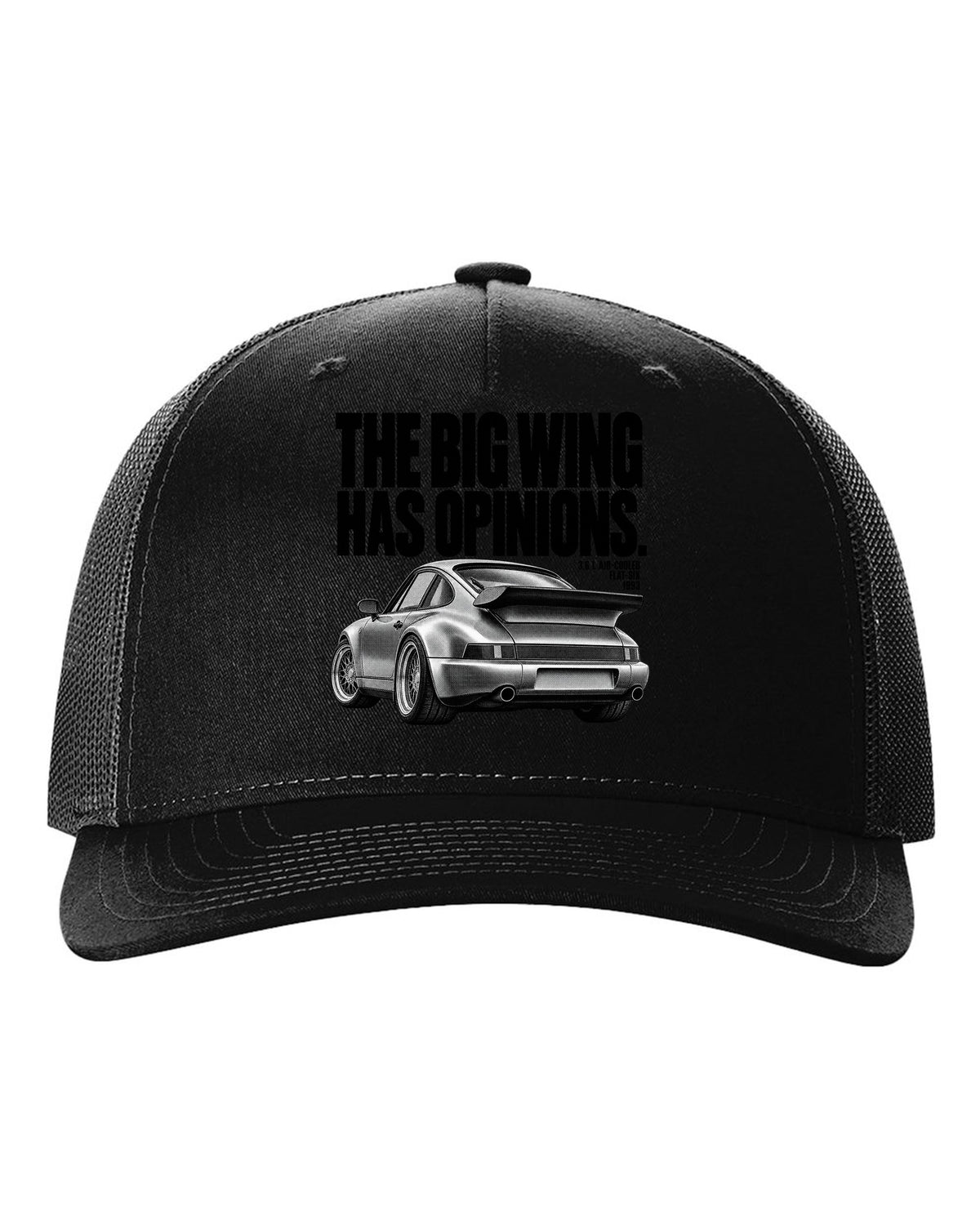 Halftone print of a Porsche 911 Turbo 3.6 964 with whale tail wing black hat front view with the design