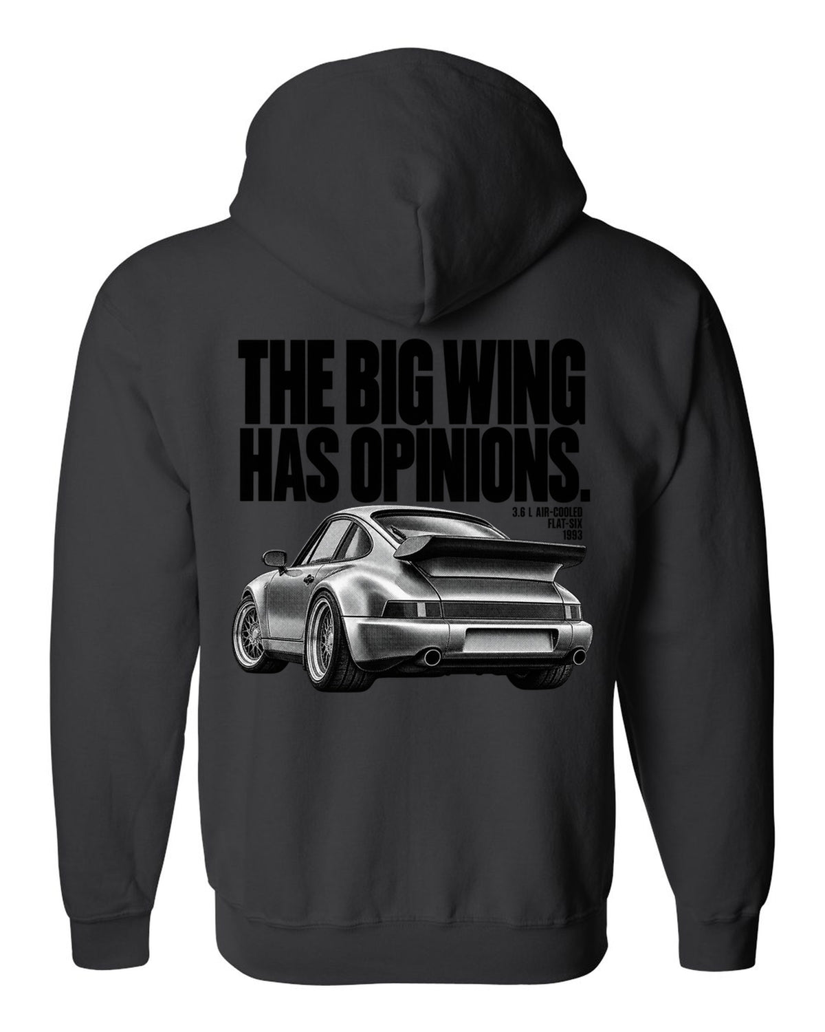 Halftone print of a Porsche 911 Turbo 3.6 964 with whale tail wing black zip hoodie back view with the design