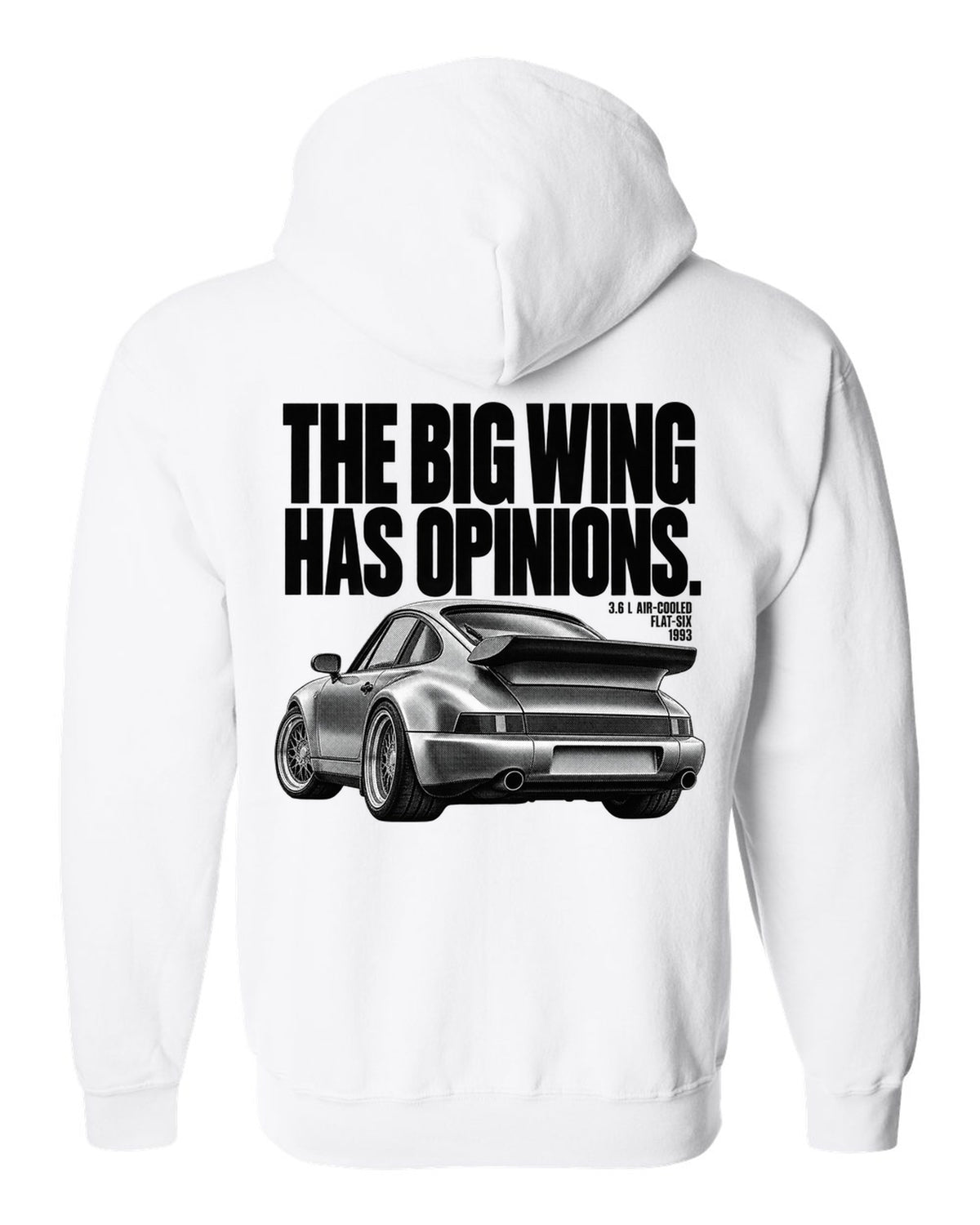 Halftone print of a Porsche 911 Turbo 3.6 964 with whale tail wing white zip hoodie back view with the design