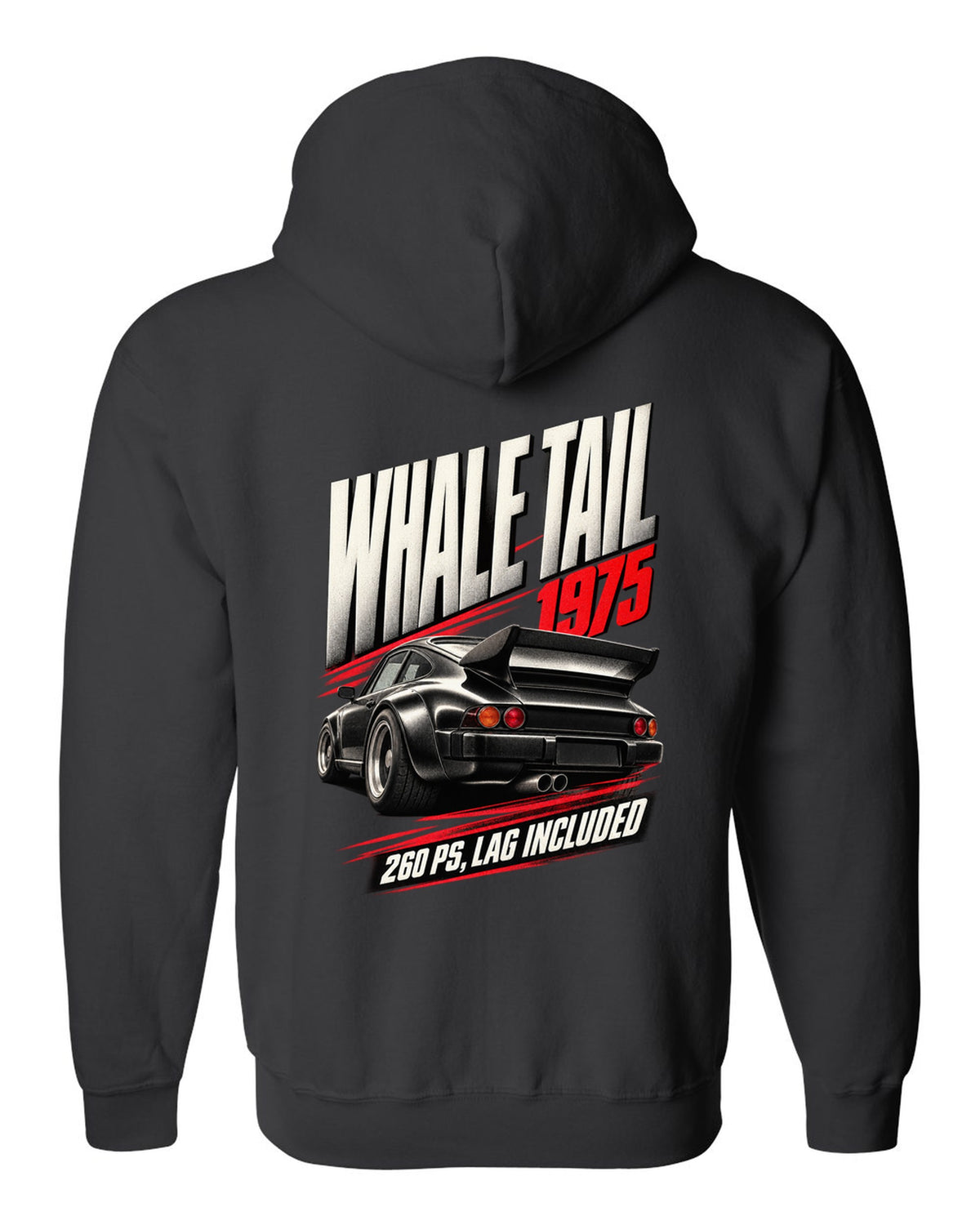 Race poster print of the 1975 Porsche 911 Turbo 3.0 (930) with whale tail and 260 PS text black zip hoodie back view with the design