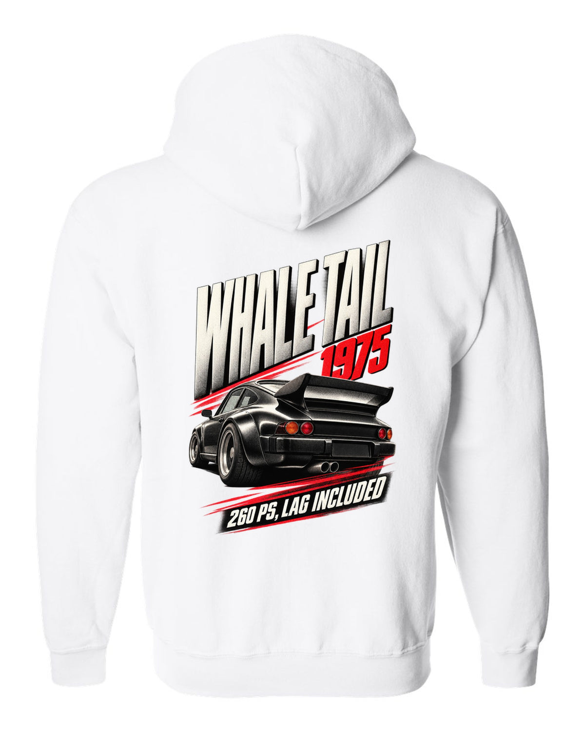 Race poster print of the 1975 Porsche 911 Turbo 3.0 (930) with whale tail and 260 PS text white zip hoodie back view with the design