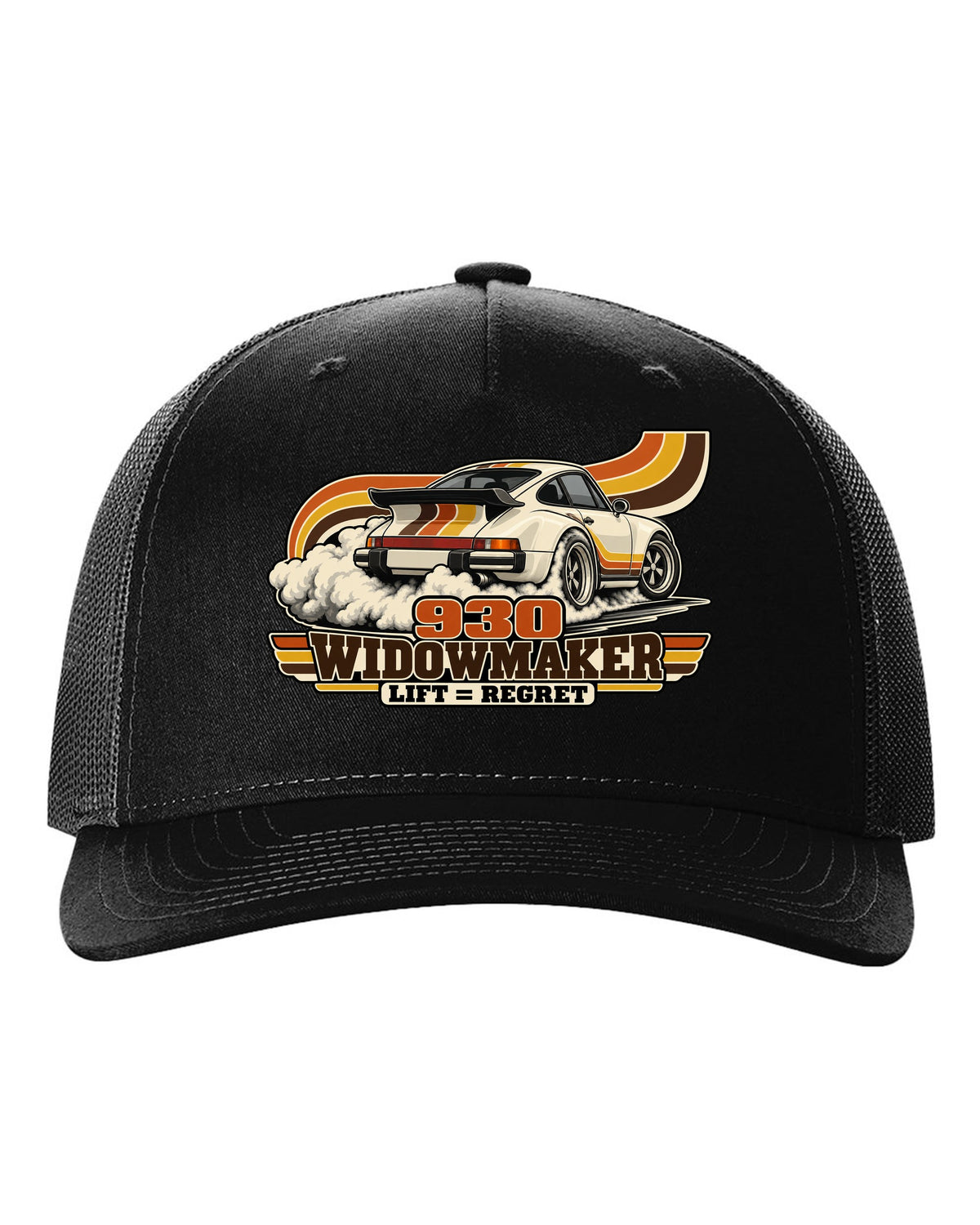 Retro 70s striped illustration of a Porsche 911 Turbo 930 with whale tail black hat front view with the design