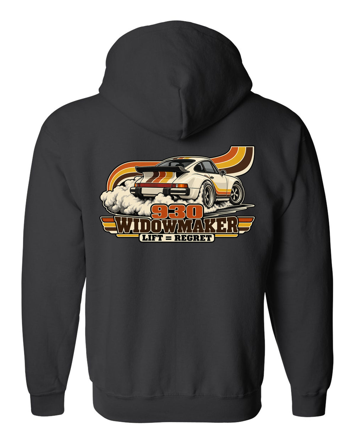 Retro 70s striped illustration of a Porsche 911 Turbo 930 with whale tail black zip hoodie back view with the design