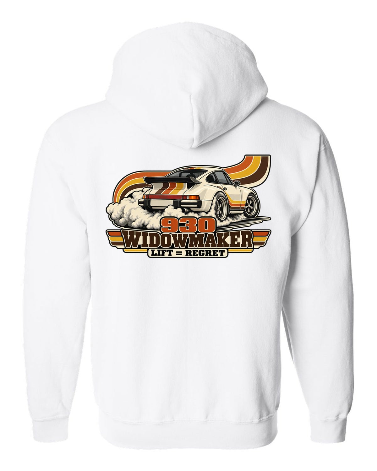 Retro 70s striped illustration of a Porsche 911 Turbo 930 with whale tail white zip hoodie back view with the design