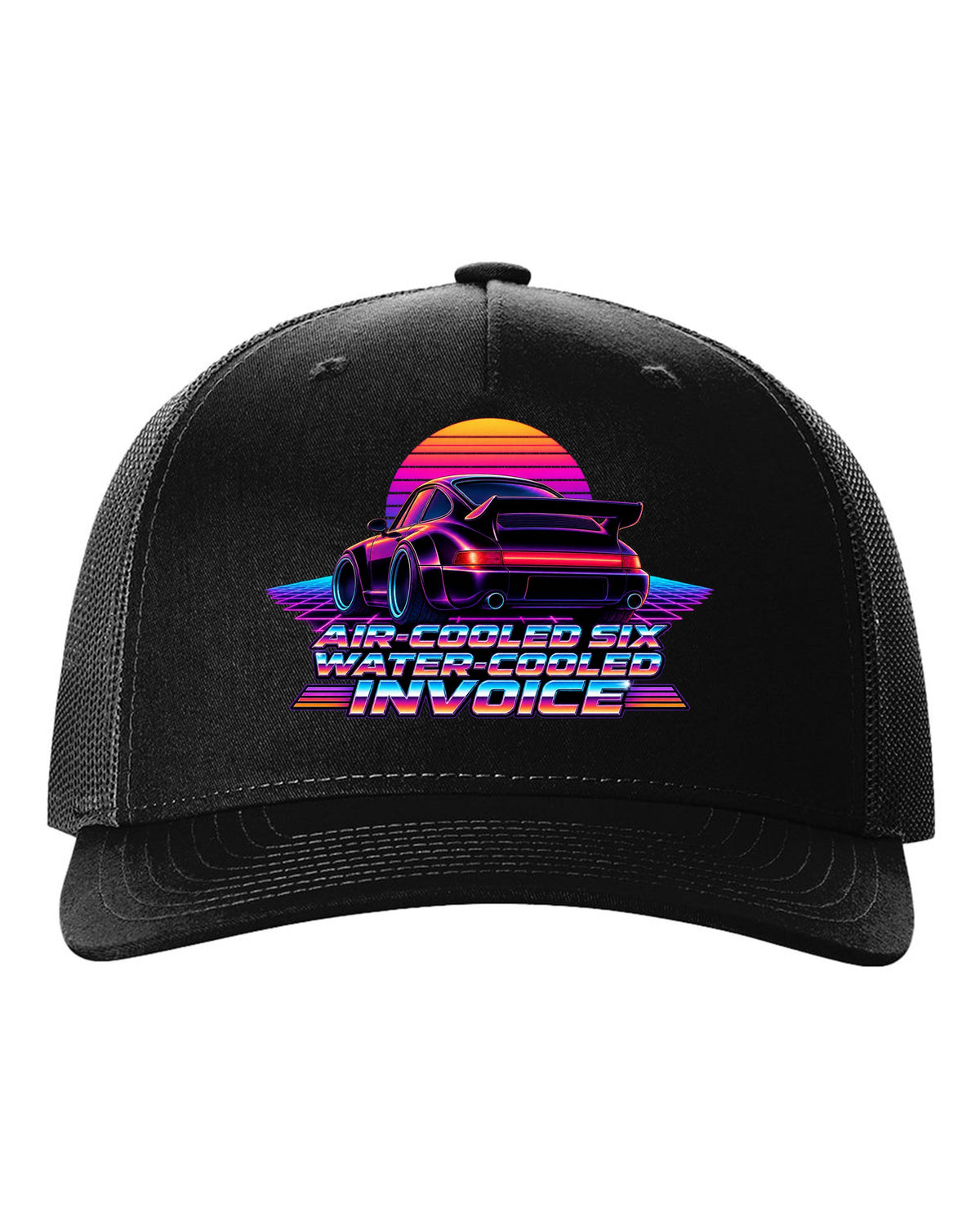 Synthwave gradient print of a Porsche 911 Turbo 964 with air-cooled six water-cooled invoice lettering black hat front view with the design