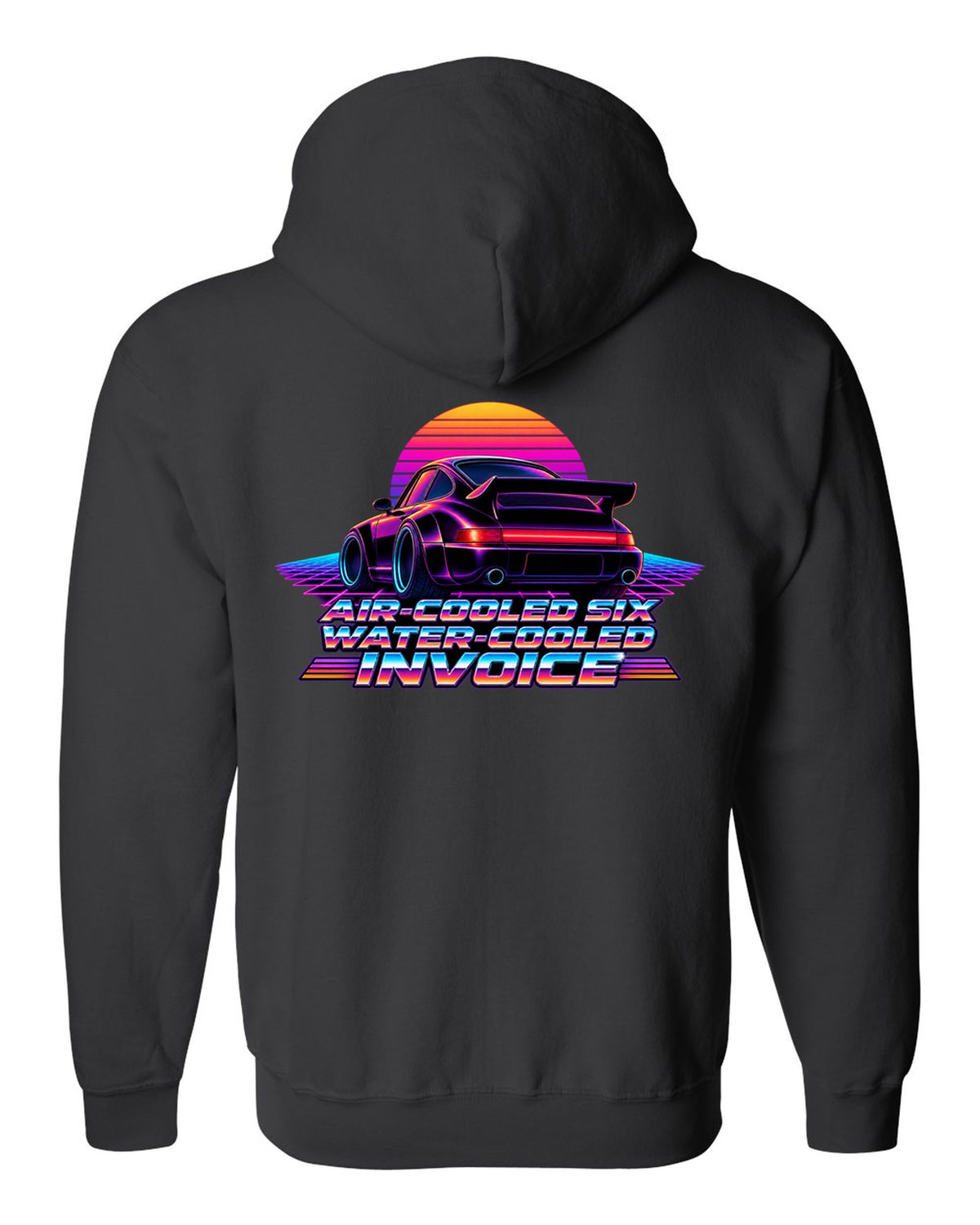 Synthwave gradient print of a Porsche 911 Turbo 964 with air-cooled six water-cooled invoice lettering black zip hoodie back view with the design