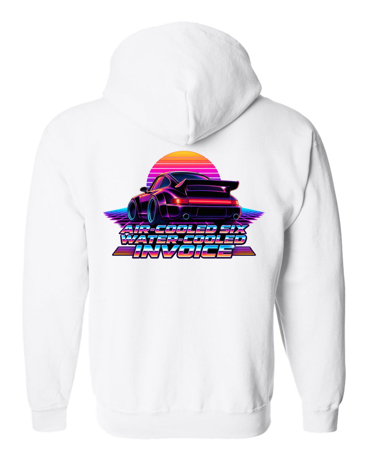 Synthwave gradient print of a Porsche 911 Turbo 964 with air-cooled six water-cooled invoice lettering white zip hoodie back view with the design
