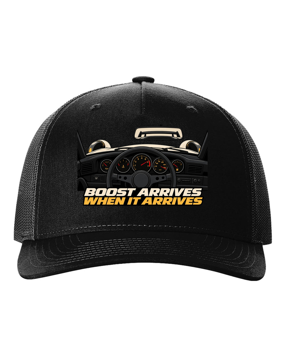 Gauge cockpit vector print of a 1993 Porsche 911 Turbo 964 with Boost Arrives When It Arrives lettering black hat front view with the design