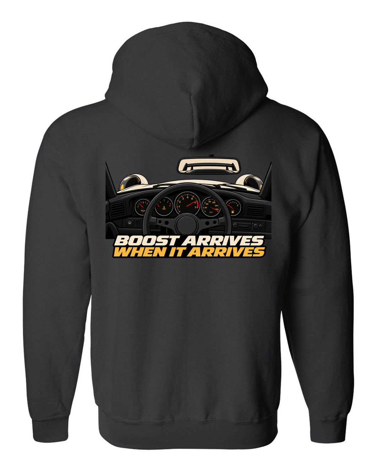 Gauge cockpit vector print of a 1993 Porsche 911 Turbo 964 with Boost Arrives When It Arrives lettering black zip hoodie back view with the design