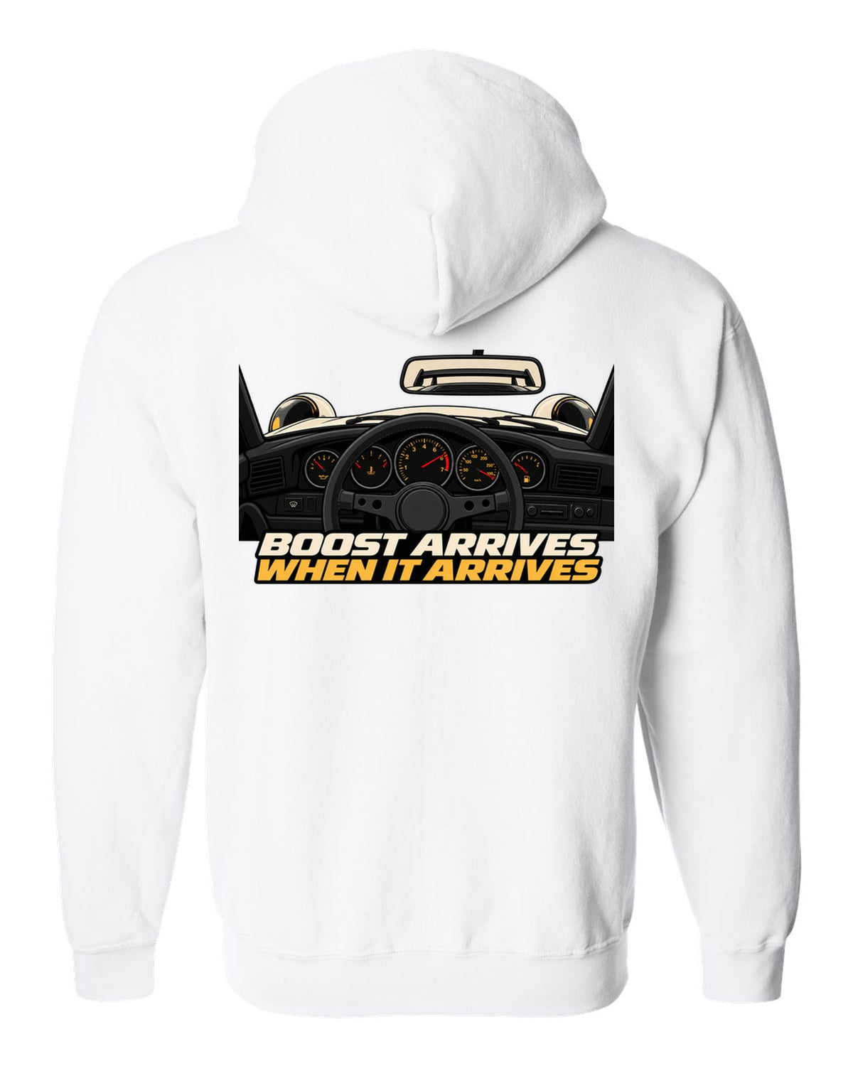 Gauge cockpit vector print of a 1993 Porsche 911 Turbo 964 with Boost Arrives When It Arrives lettering white zip hoodie back view with the design