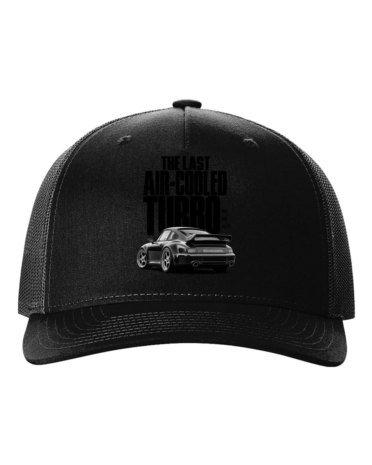 Halftone print of the Porsche 911 Turbo (993) with the line The Last Air-Cooled Turbo black hat front view with the design