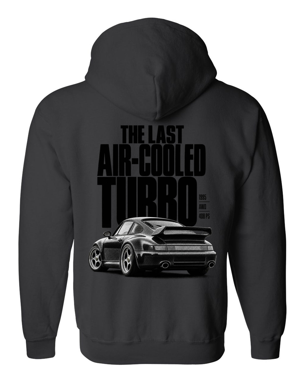 Halftone print of the Porsche 911 Turbo (993) with the line The Last Air-Cooled Turbo black zip hoodie back view with the design