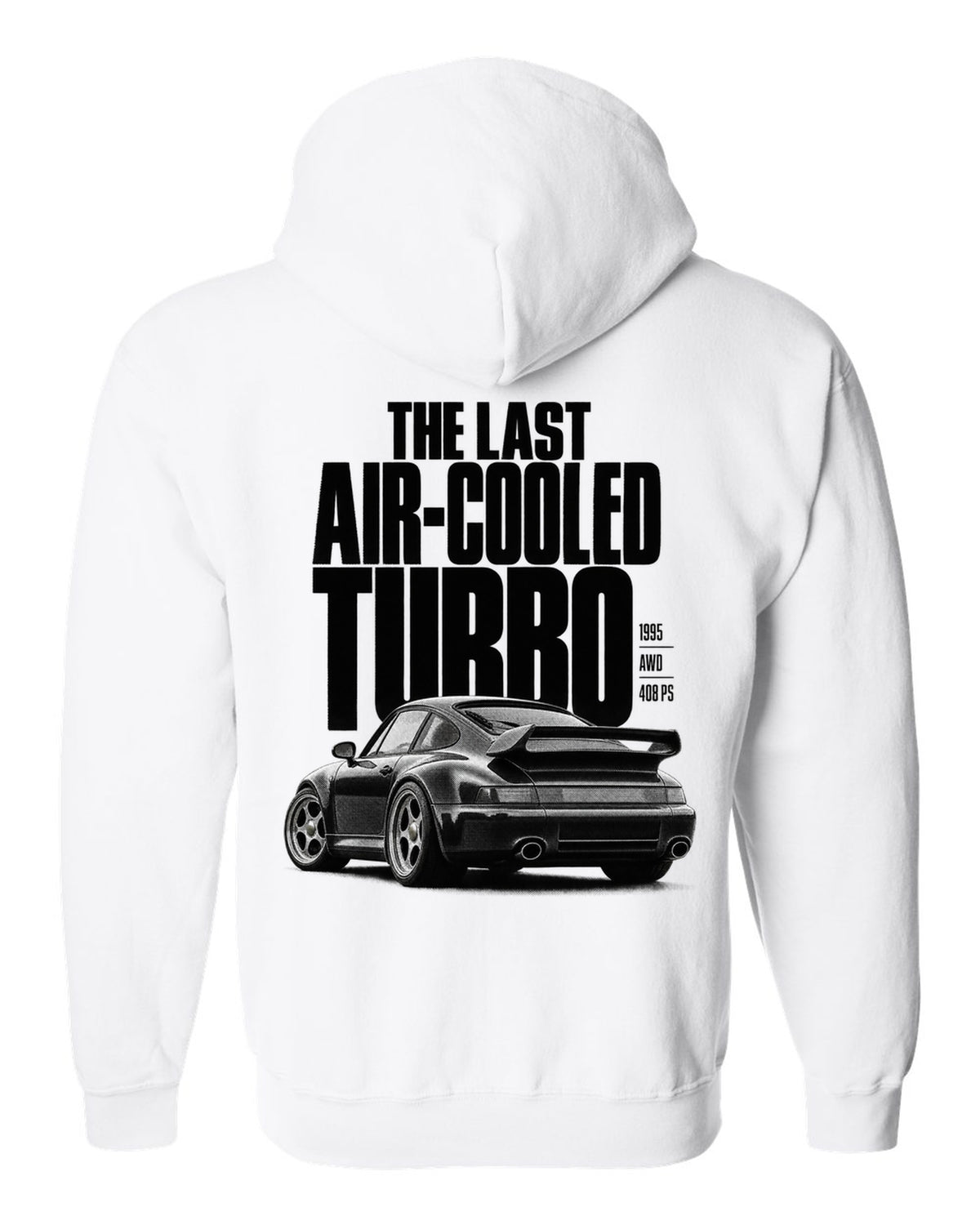 Halftone print of the Porsche 911 Turbo (993) with the line The Last Air-Cooled Turbo white zip hoodie back view with the design