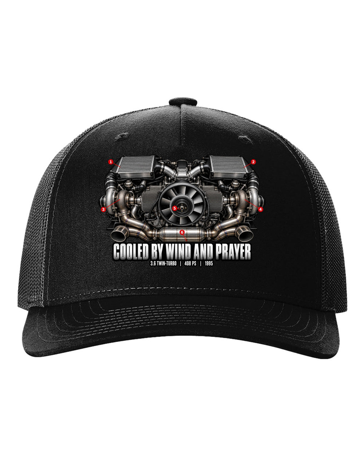 Engine hero print of the Porsche 911 Turbo (993) air-cooled twin-turbo flat-six with the line Cooled By Wind And Prayer black hat front view with the design